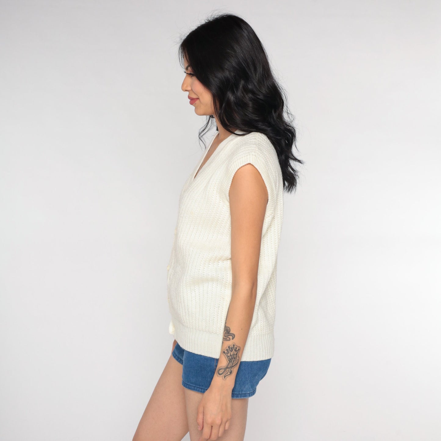 70s Cream Knit Vest Cap Sleeve Button-Up Sweater Tank Small S