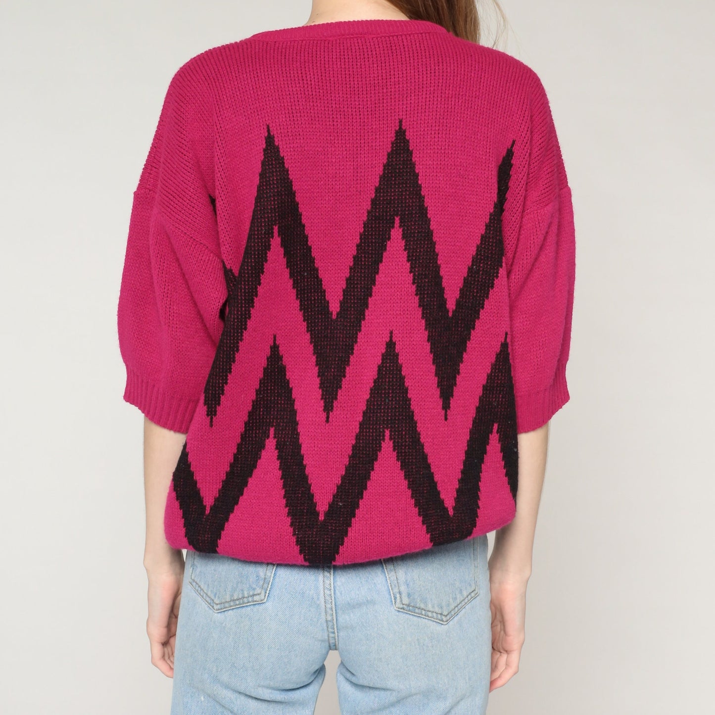 90s Magenta Striped Knit Sweater Short Sleeve Black Chevron Large L