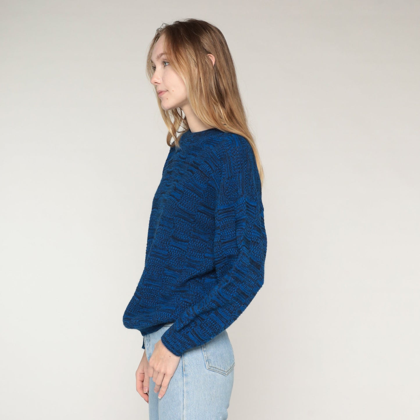 80s Blue Abstract Knit Sweater Crewneck Pullover Medium M
