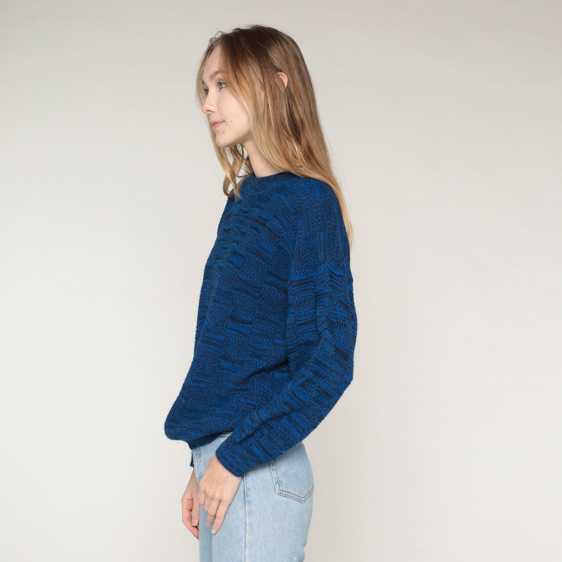 80s Blue Abstract Knit Sweater Crewneck Pullover Medium M