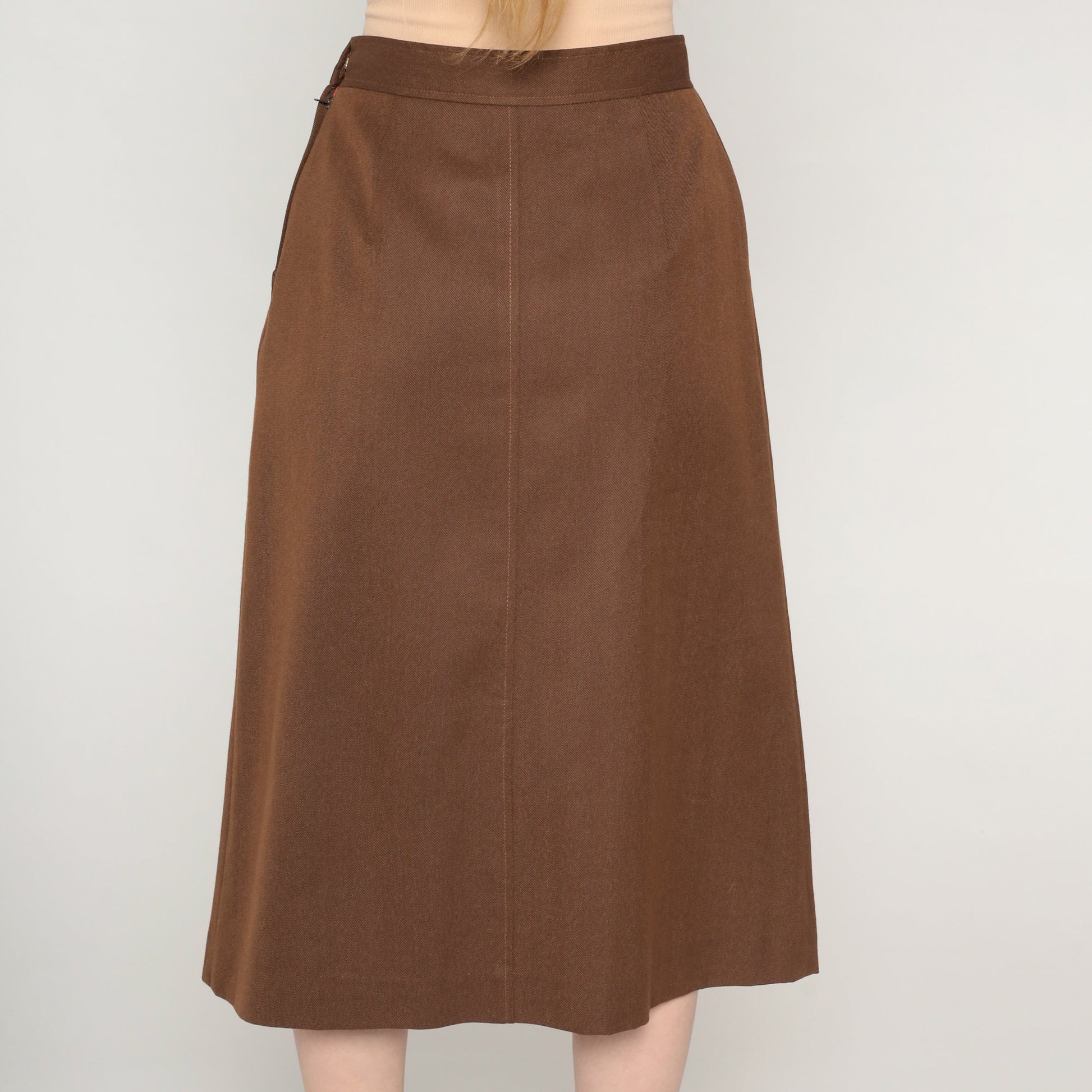 80s Brown Wool Blend Midi Skirt High Waist Pleated Side Zip Extra Small