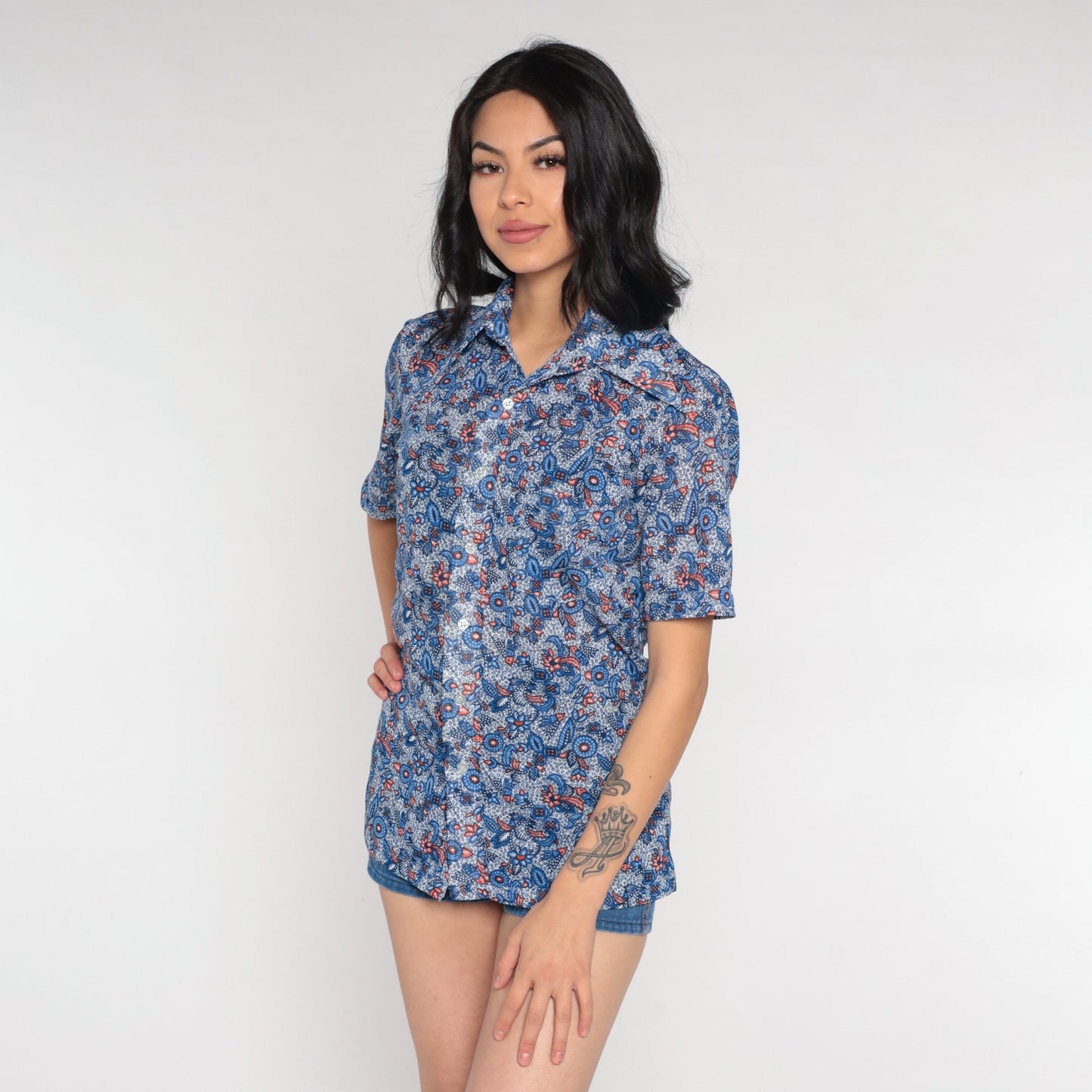 70s Blue Floral Dagger Collar Button-Up Shirt Men's Small