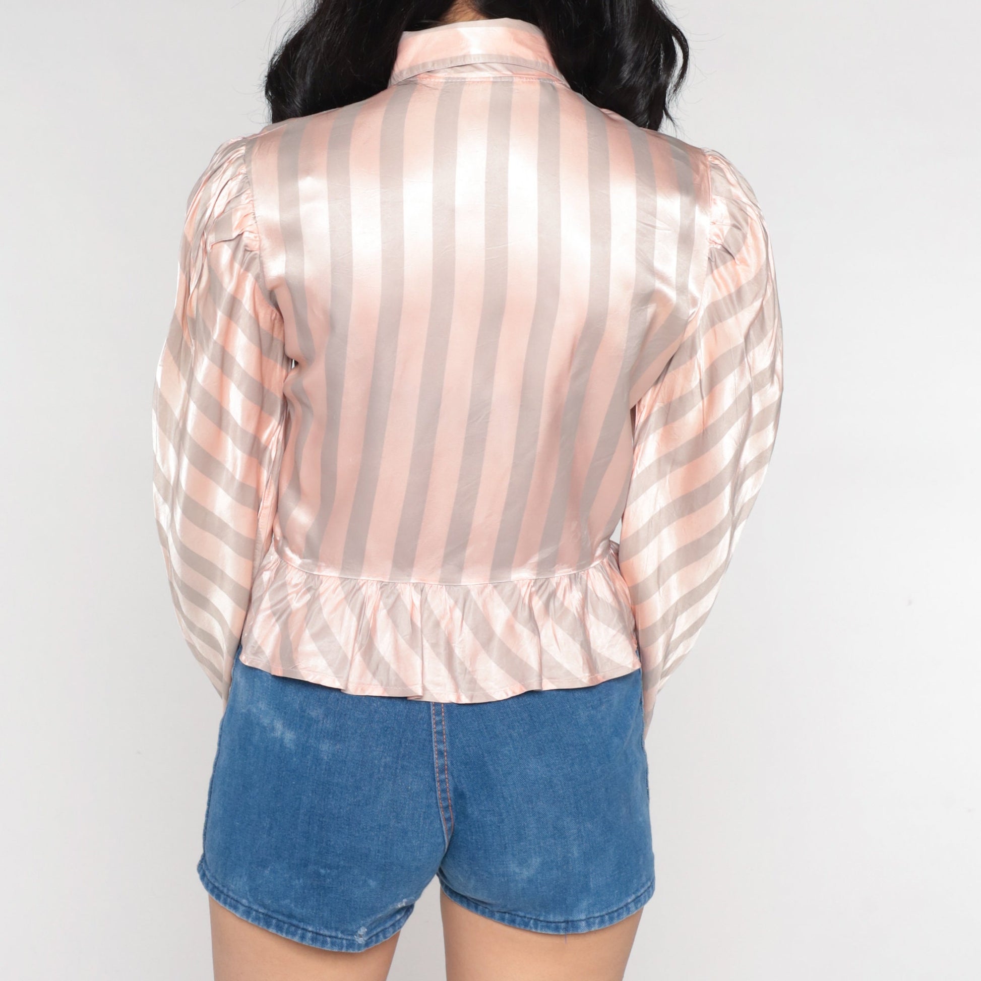80s Striped Peplum Blouse Pink Grey Puff Sleeve Acetate Extra Small XS