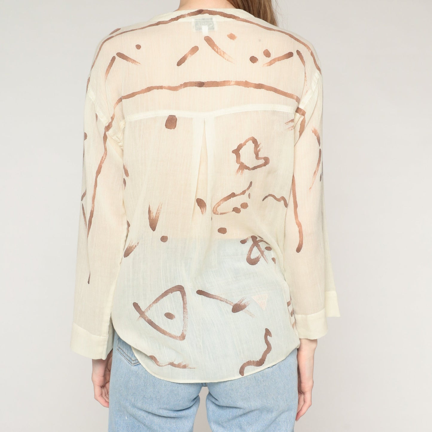 80s Abstract Brushstroke Button-Up Blouse Cream Brown Semi-Sheer Long Sleeve Small