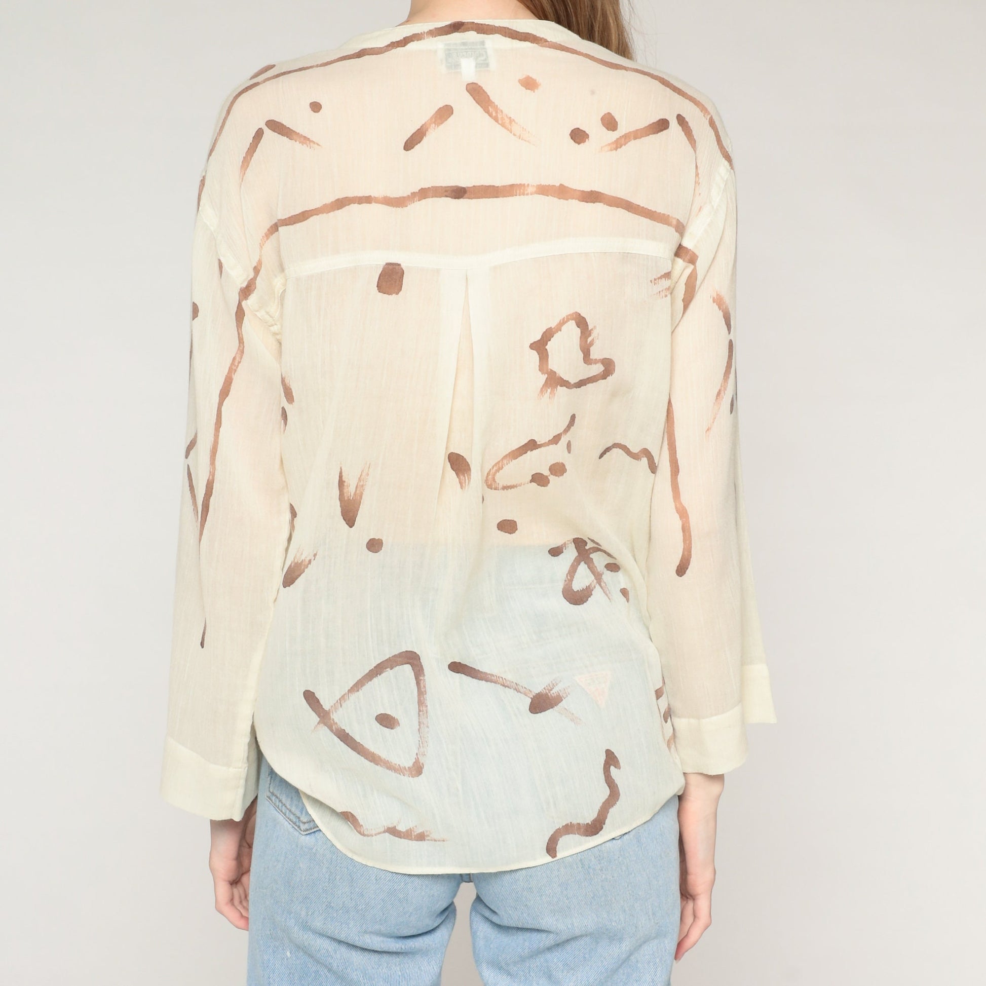 80s Abstract Brushstroke Button-Up Blouse Cream Brown Semi-Sheer Long Sleeve Small
