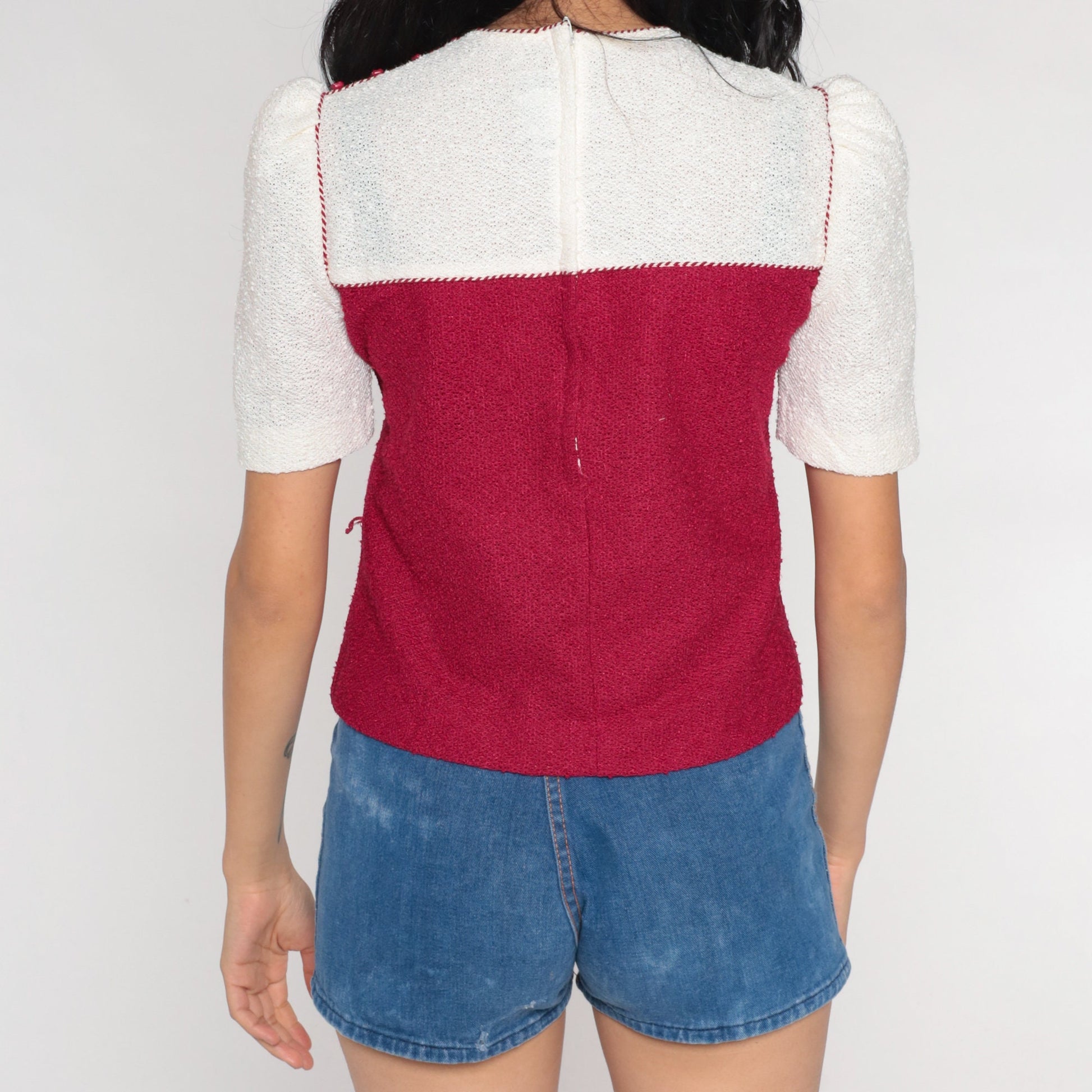 80s Raspberry White Color Block Knit Puff Sleeve Top Extra Small