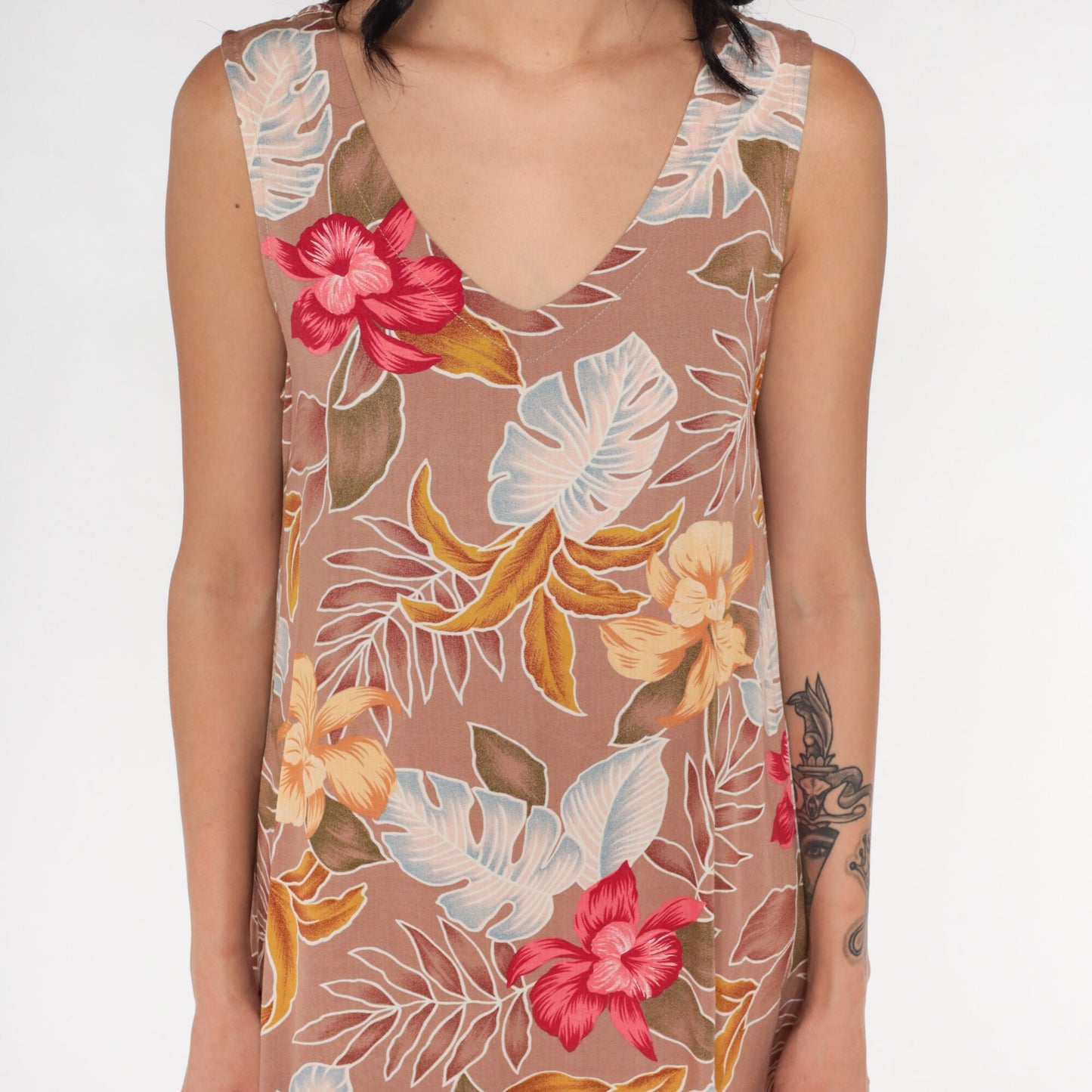 Y2K Tropical Floral Mini Dress Taupe Pink Rayon Sleeveless Medium