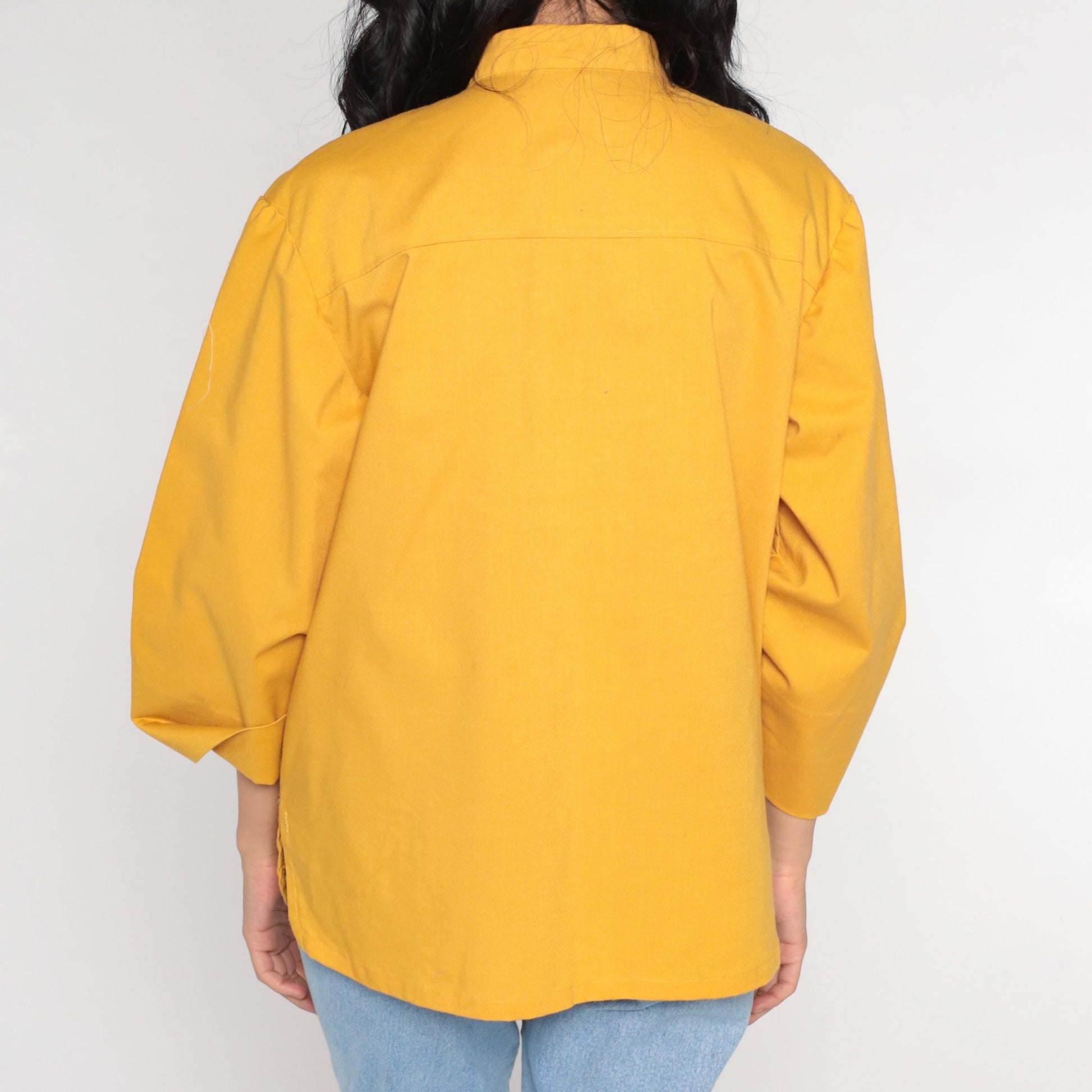 80s Yellow Cotton Blend Button-Up Blouse Long Sleeve Oxford Shirt Medium