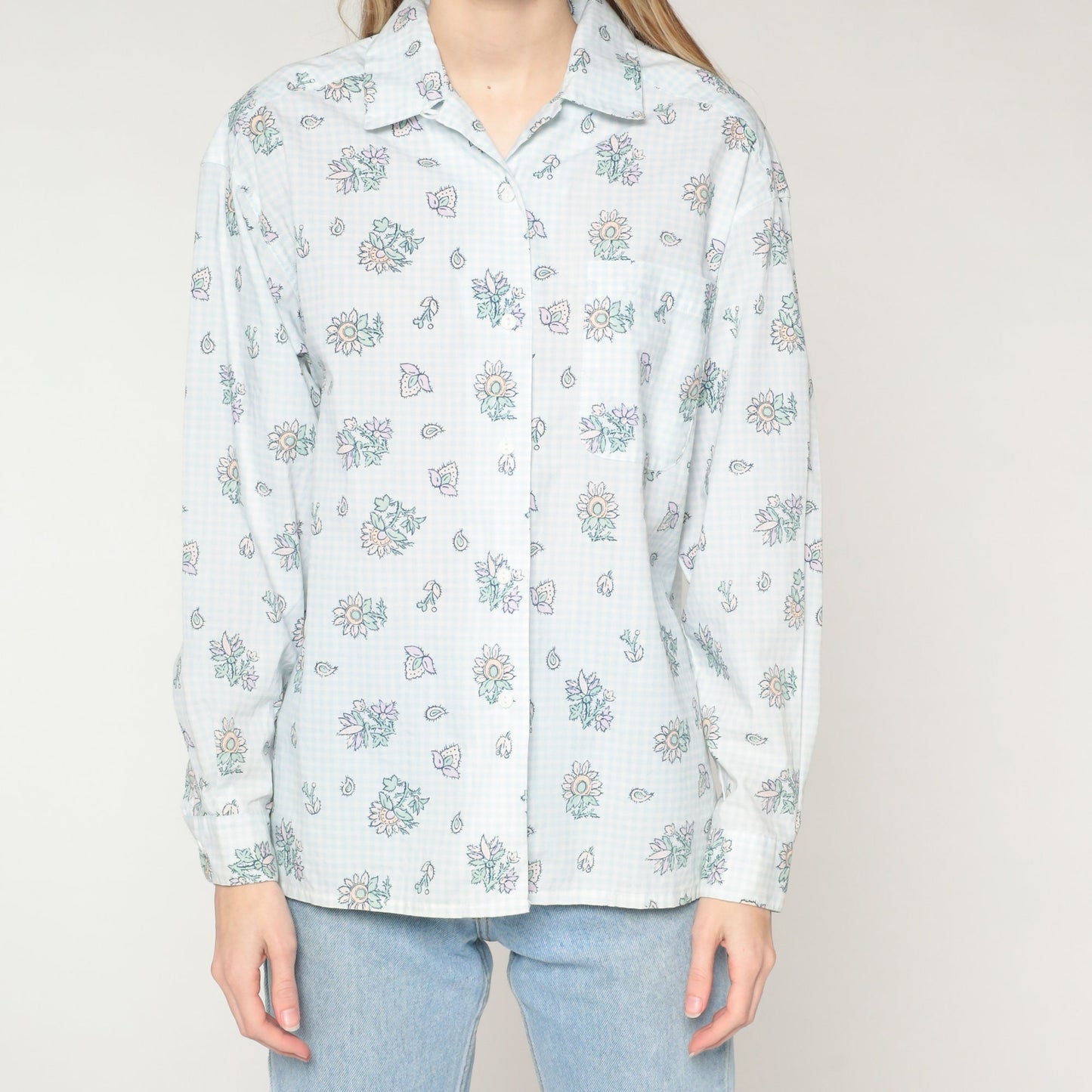 80s Levi Travellers Checkered Floral Button-Up Blouse Light Blue White Medium