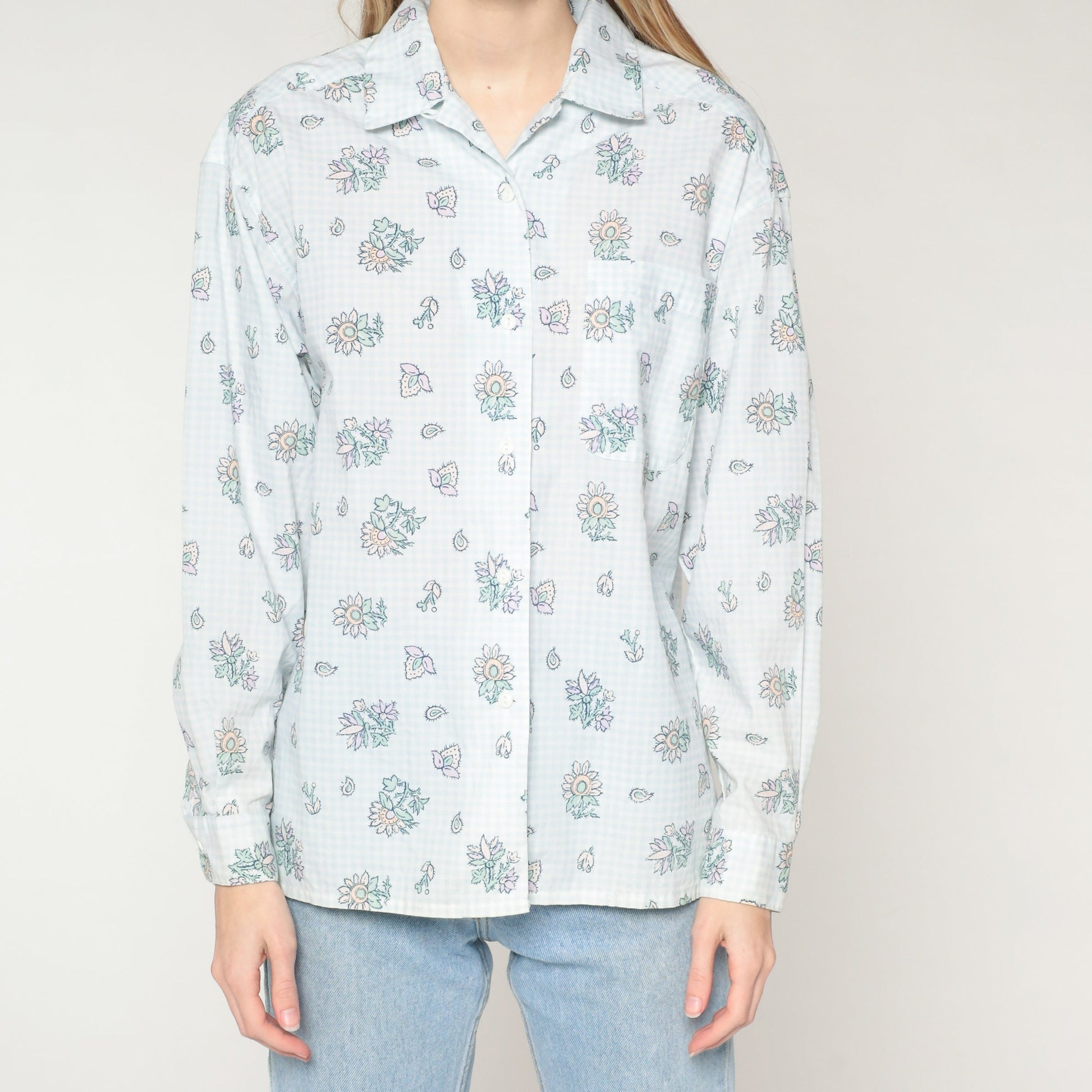 80s Levi Travellers Checkered Floral Button-Up Blouse Light Blue White Medium