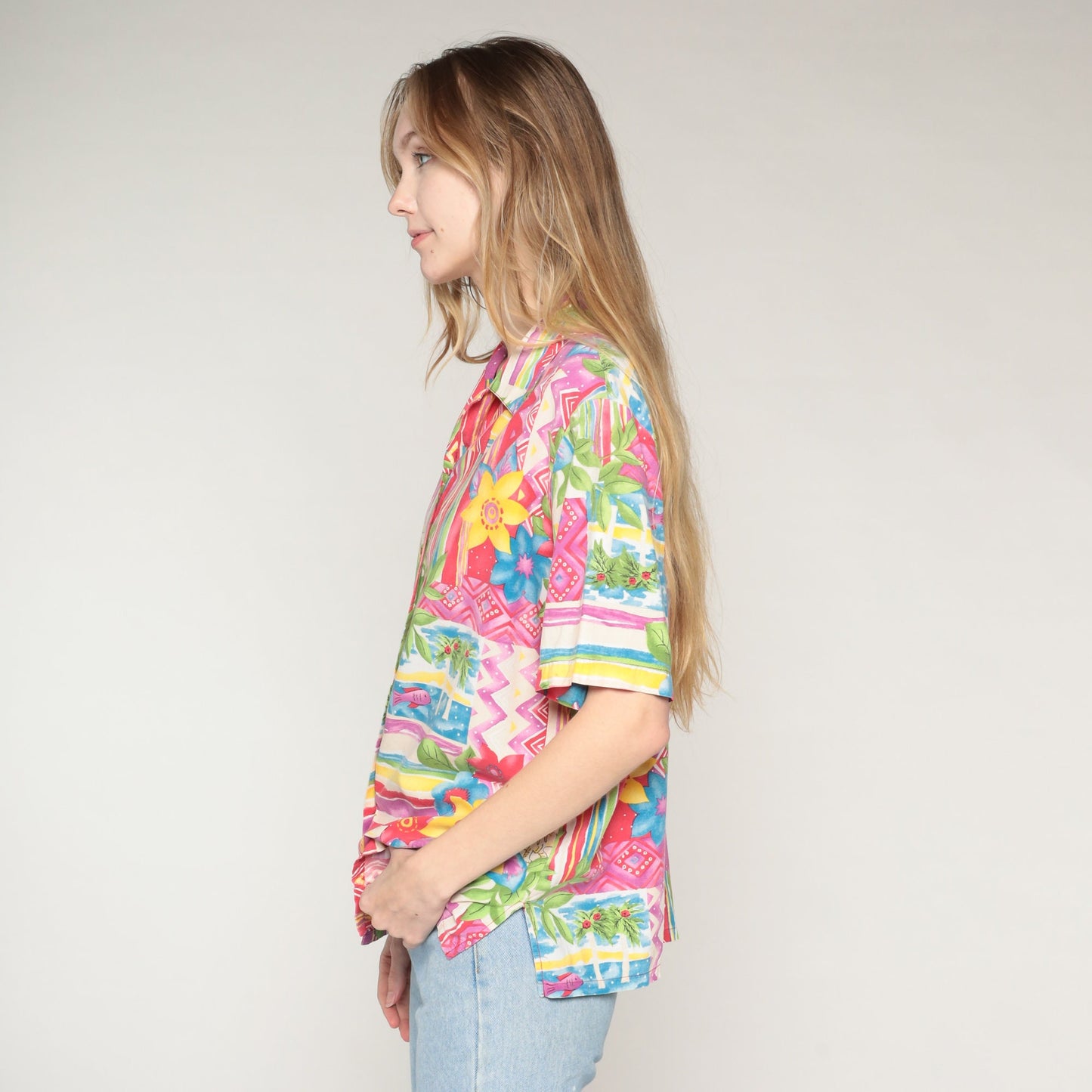 90s Tropical Print Button-Up Blouse Floral Tiger Palm Tree Fish Multicolor Medium