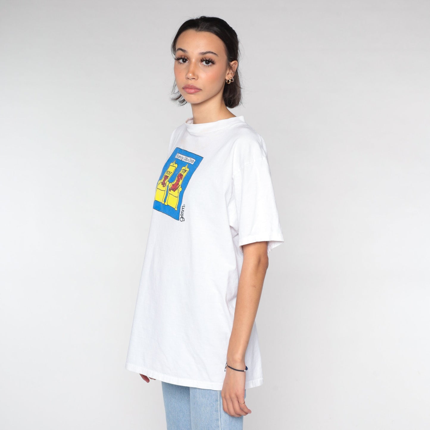 90s Grimm Reigning Cats and Dogs Graphic T-Shirt White Cotton Medium