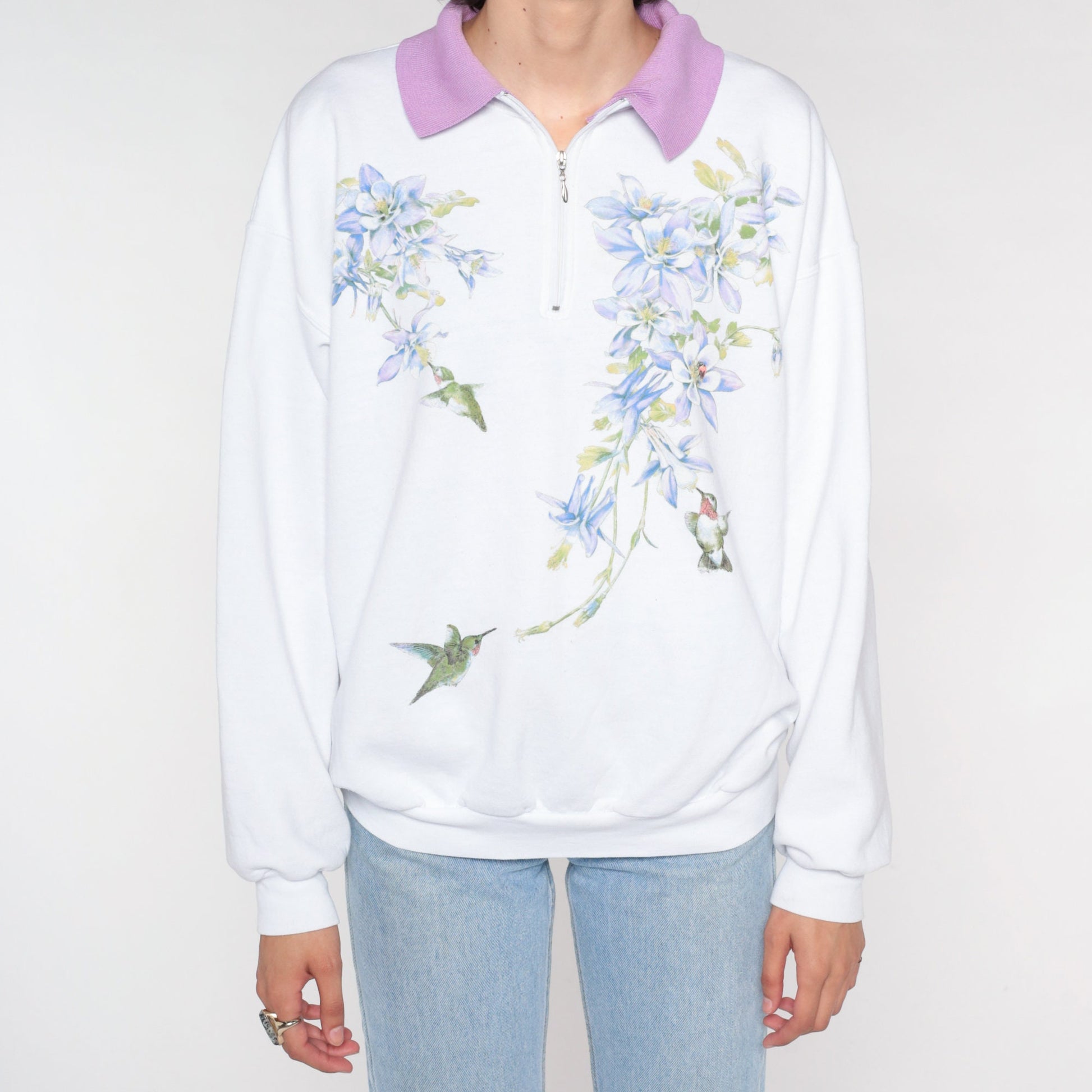 Y2K Hummingbird Columbine Floral Quarter Zip Sweatshirt White Large L