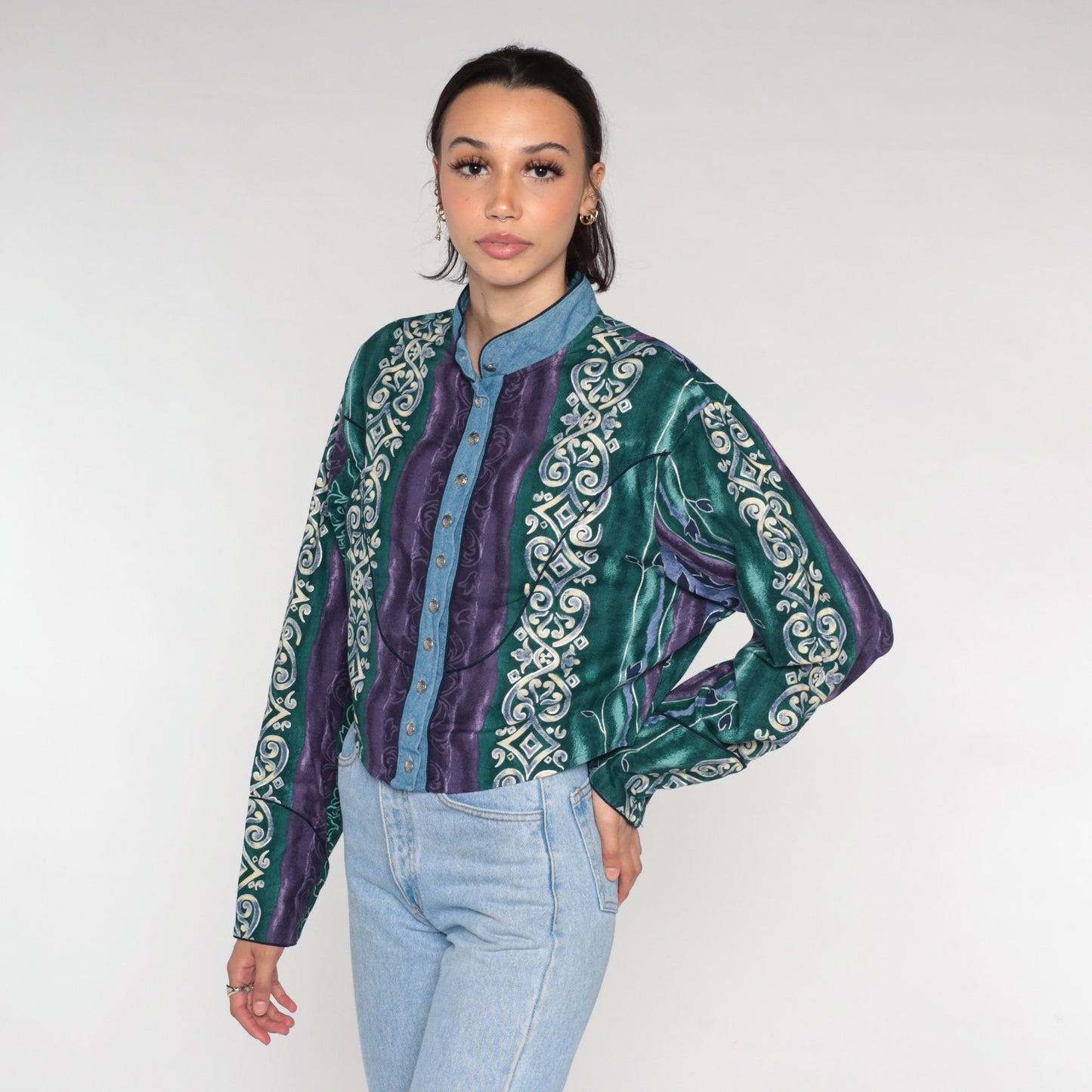 90s Wrangler Abstract Striped Button Up Blouse Long Sleeve High Neck Cotton Large