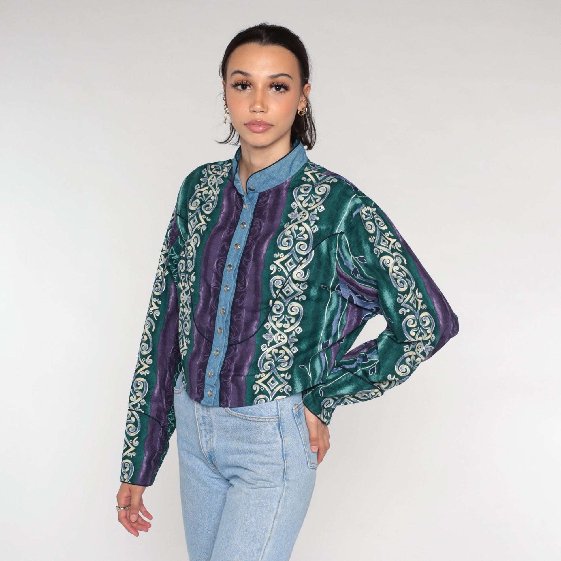 90s Wrangler Abstract Striped Button Up Blouse Long Sleeve High Neck Cotton Large