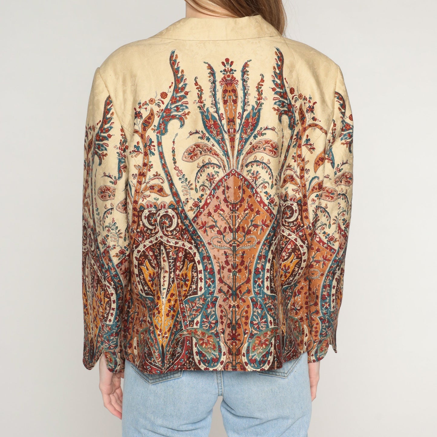 Y2K Coldwater Creek Floral Embossed Jacket Tan Indian Print Zip-Up Extra Large XXL