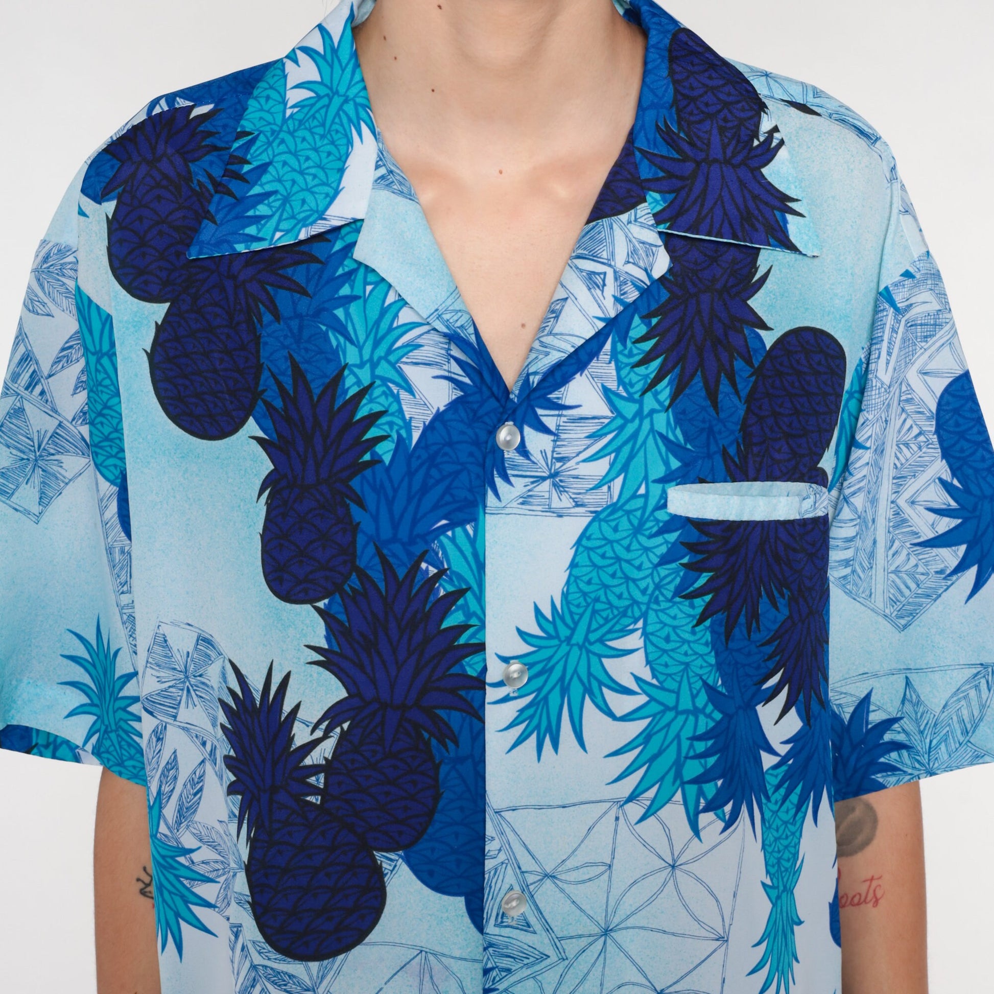 70s Blue Pineapple Tropical Button Up Shirt Short Sleeve Men's Large