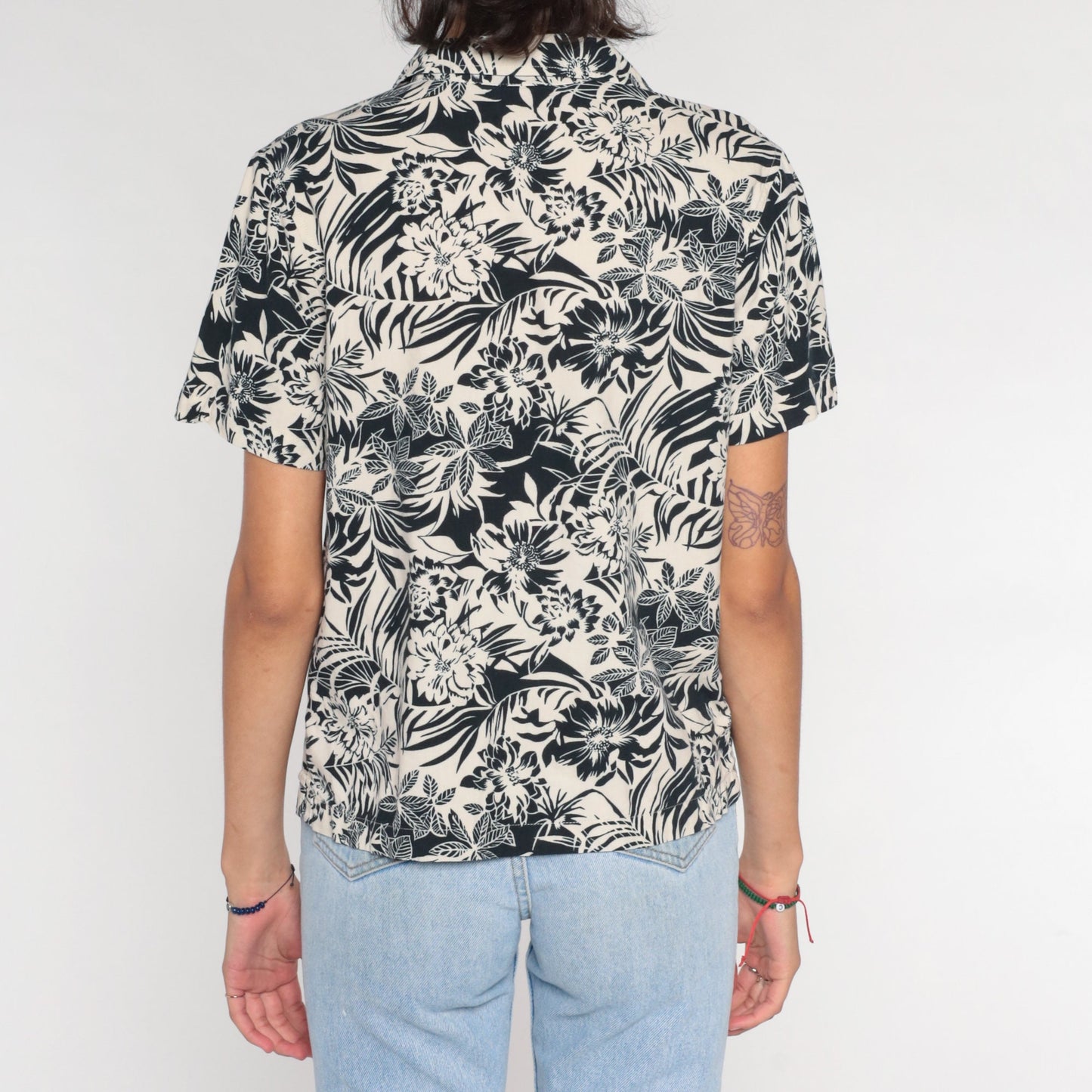 Y2K Floral Button-Up Blouse Black Beige Flower Print Short Sleeve Small