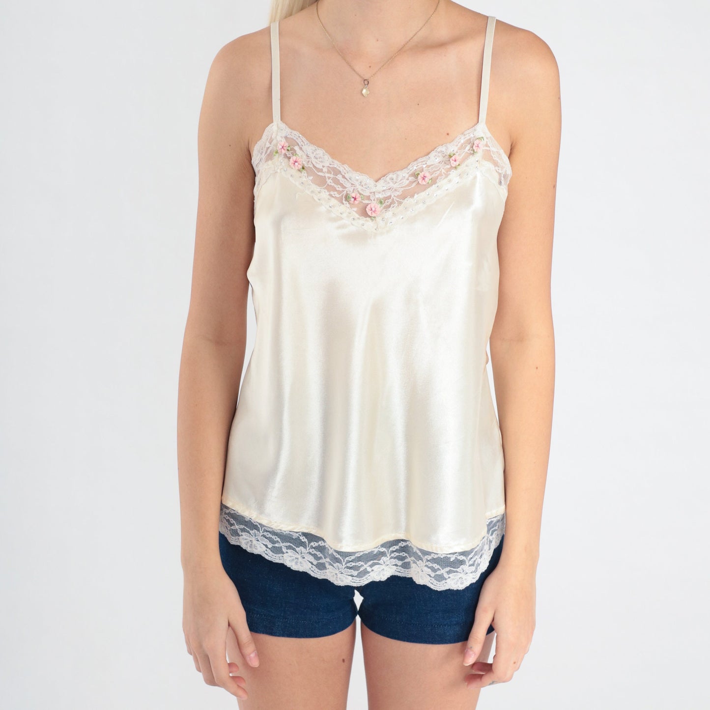 00s White Satin Camisole Rhinestone Floral Lace Trim Tank Large