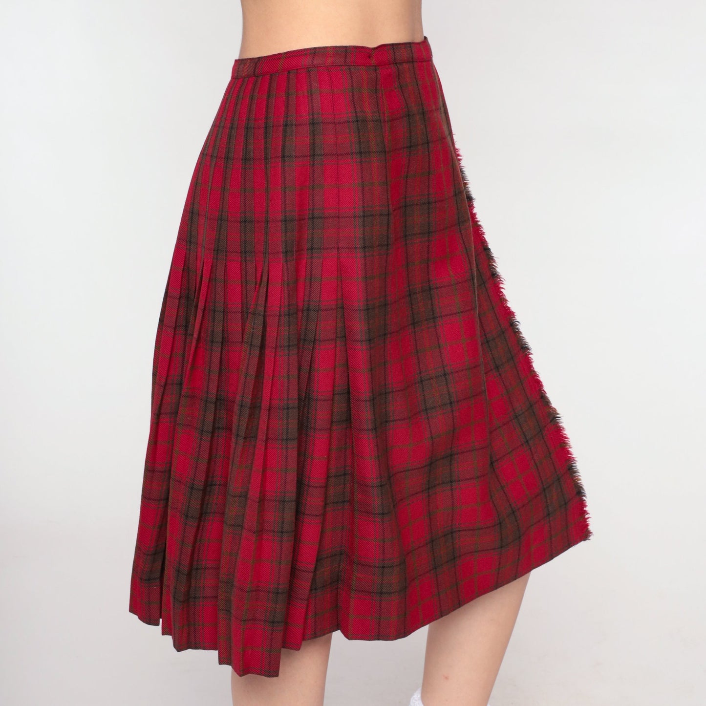 70s Scottish Tartan Wool Midi Skirt Red Plaid Pleated High Waist Small