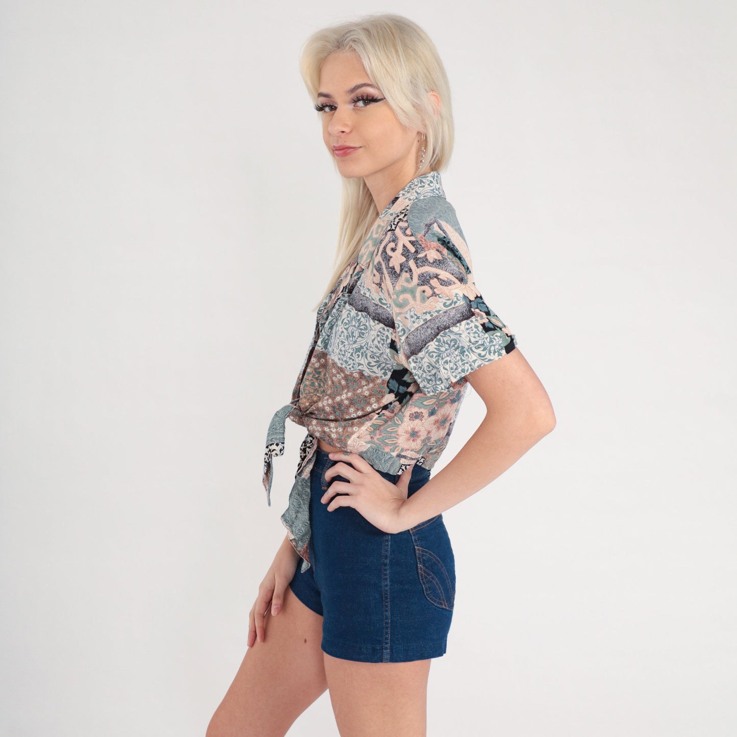 90s Patchwork Floral Crop Top Tie Waist Open Front Rayon Blouse Small