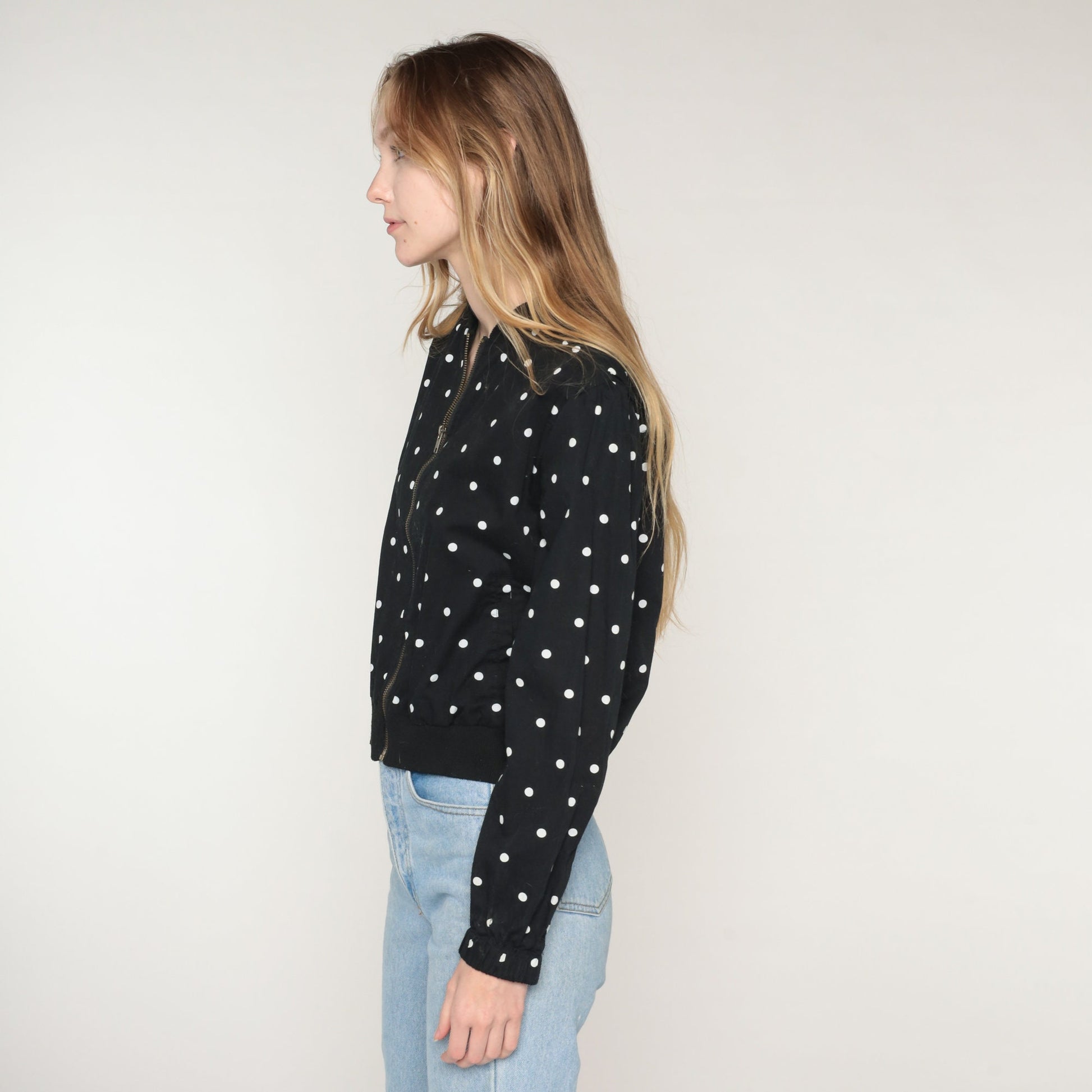 Y2K Black Cotton Zip Jacket White Polka Dot Print Small S
