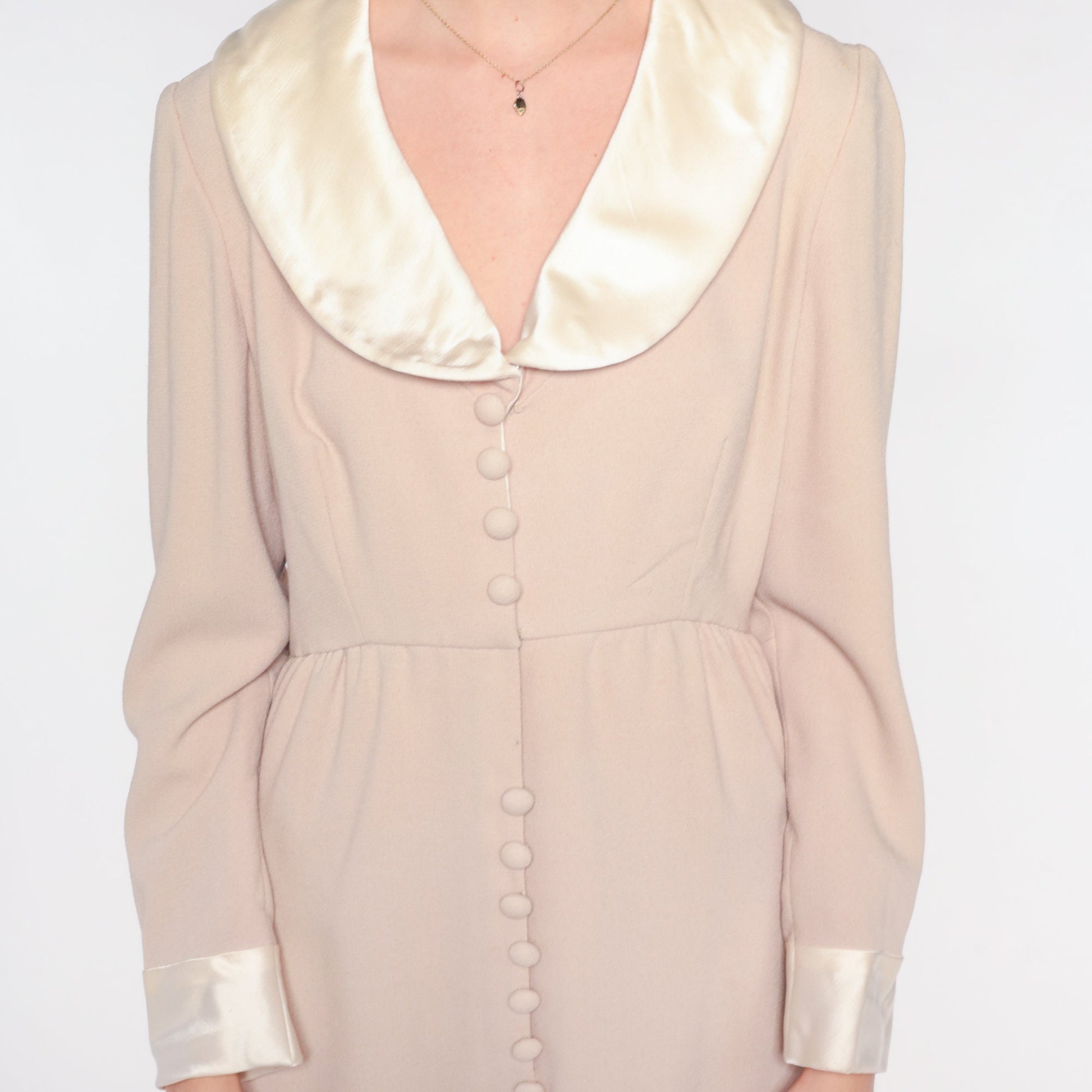 70s I Magnin Mini Dress Beige Button-Up High-Waisted Long Sleeve Small S