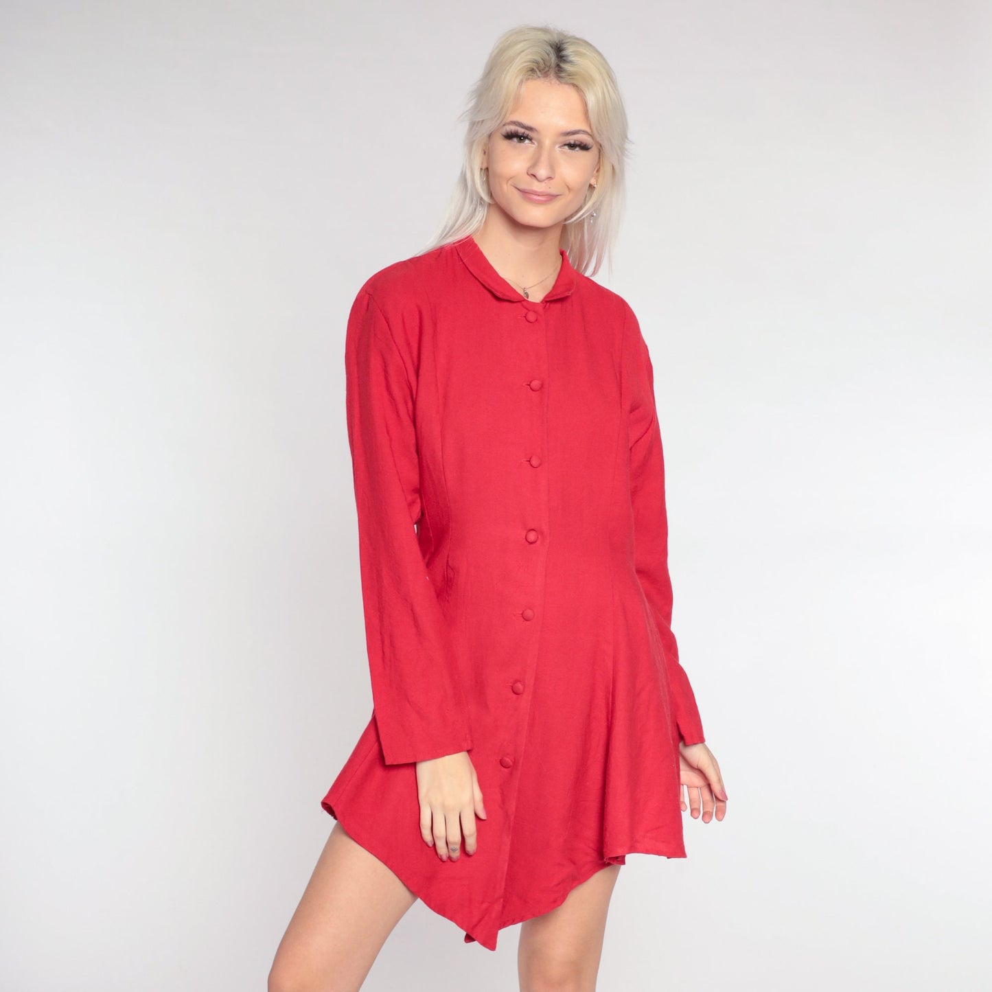 80s Red Rayon Twill Button-Up Mini Dress High-Low Hem Long Sleeve Medium