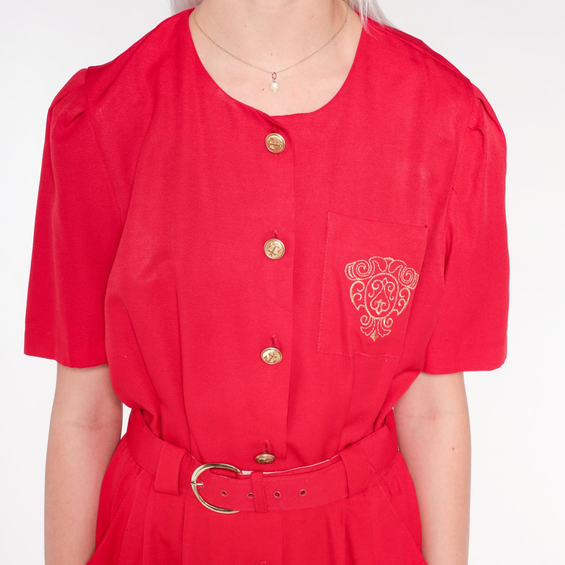 90s Red Midi Shirtdress Gold Crest Pocket Puff Sleeve Button Up Small