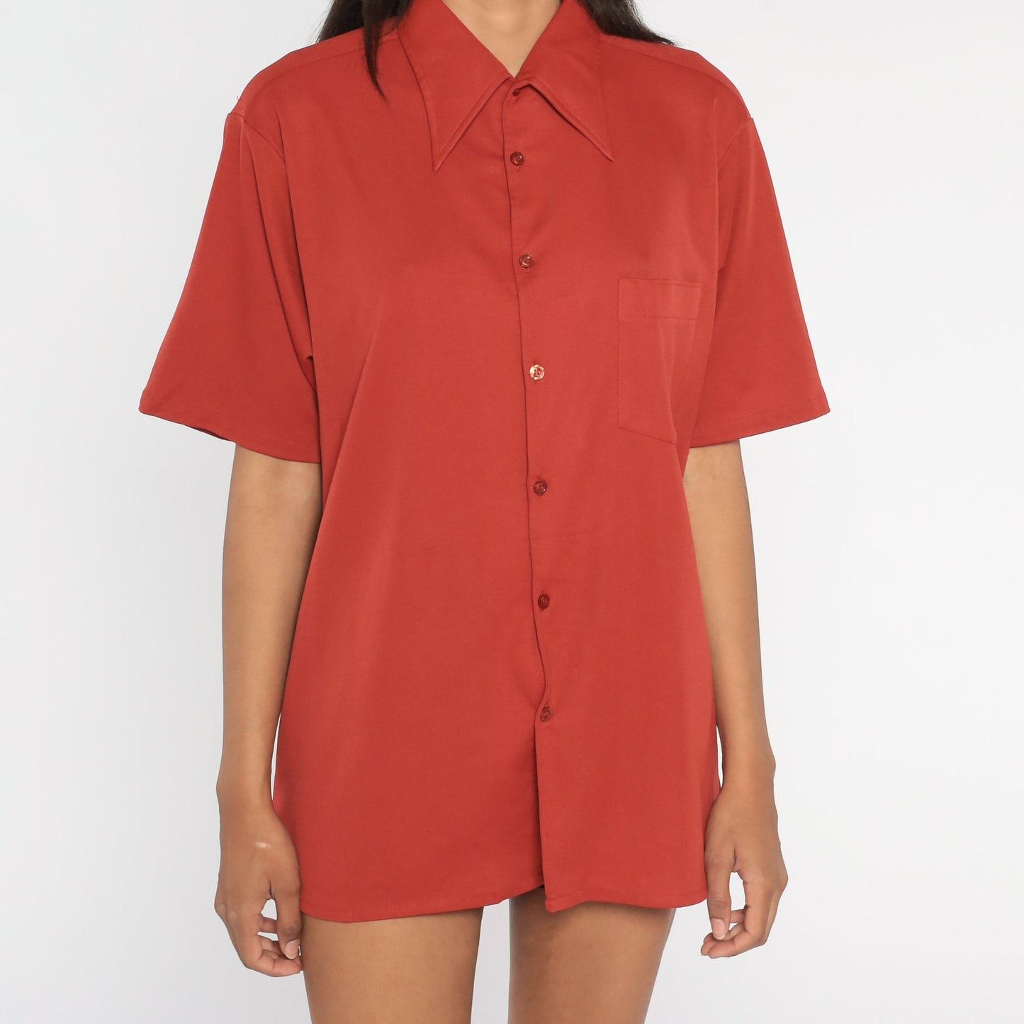 70s Dagger Collar Button-Up Shirt Rust Orange Short Sleeve Men's 16.5