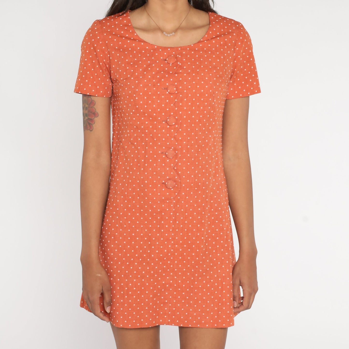60s Orange Polka Dot Shift Dress Mini Button-Up Short Sleeve Extra Small