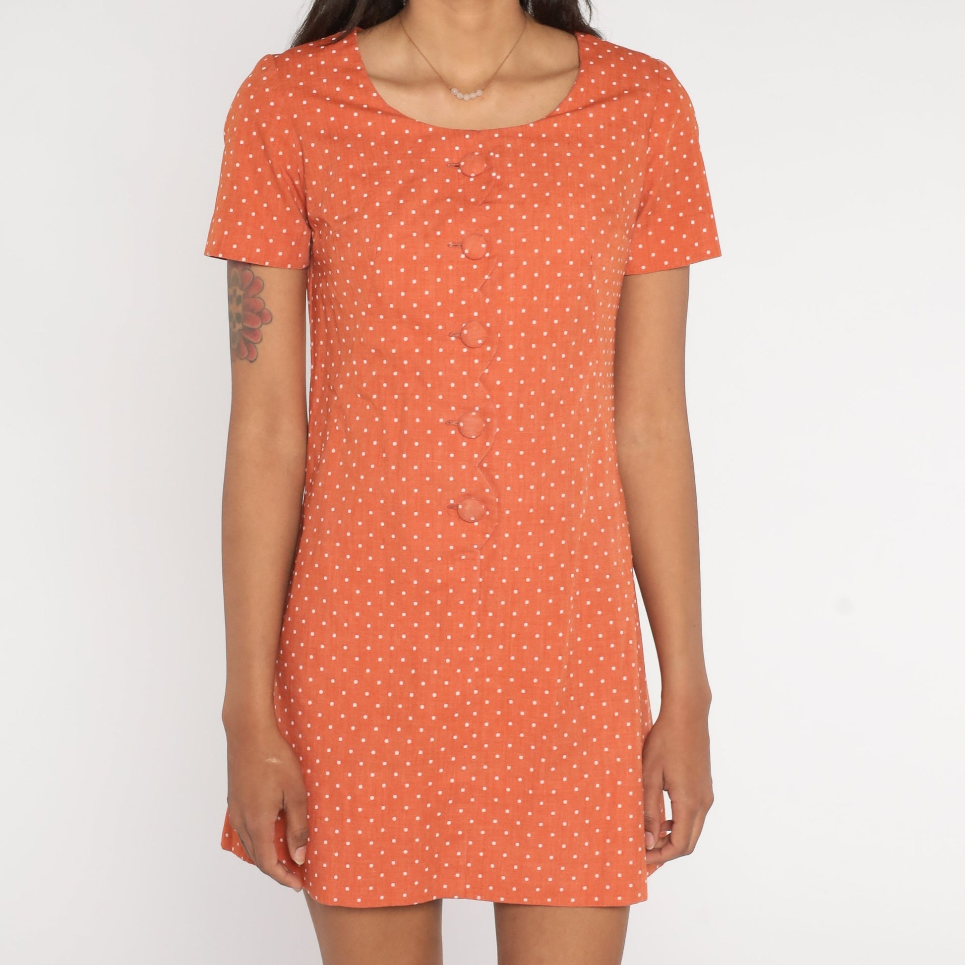 60s Orange Polka Dot Shift Dress Mini Button-Up Short Sleeve Extra Small