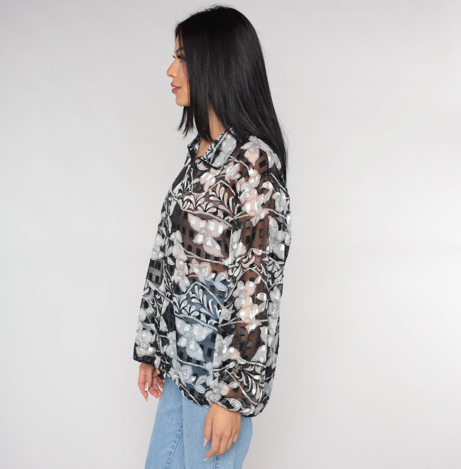 00s Sheer Orchid Floral Jacket Black White Zip Windbreaker Large L