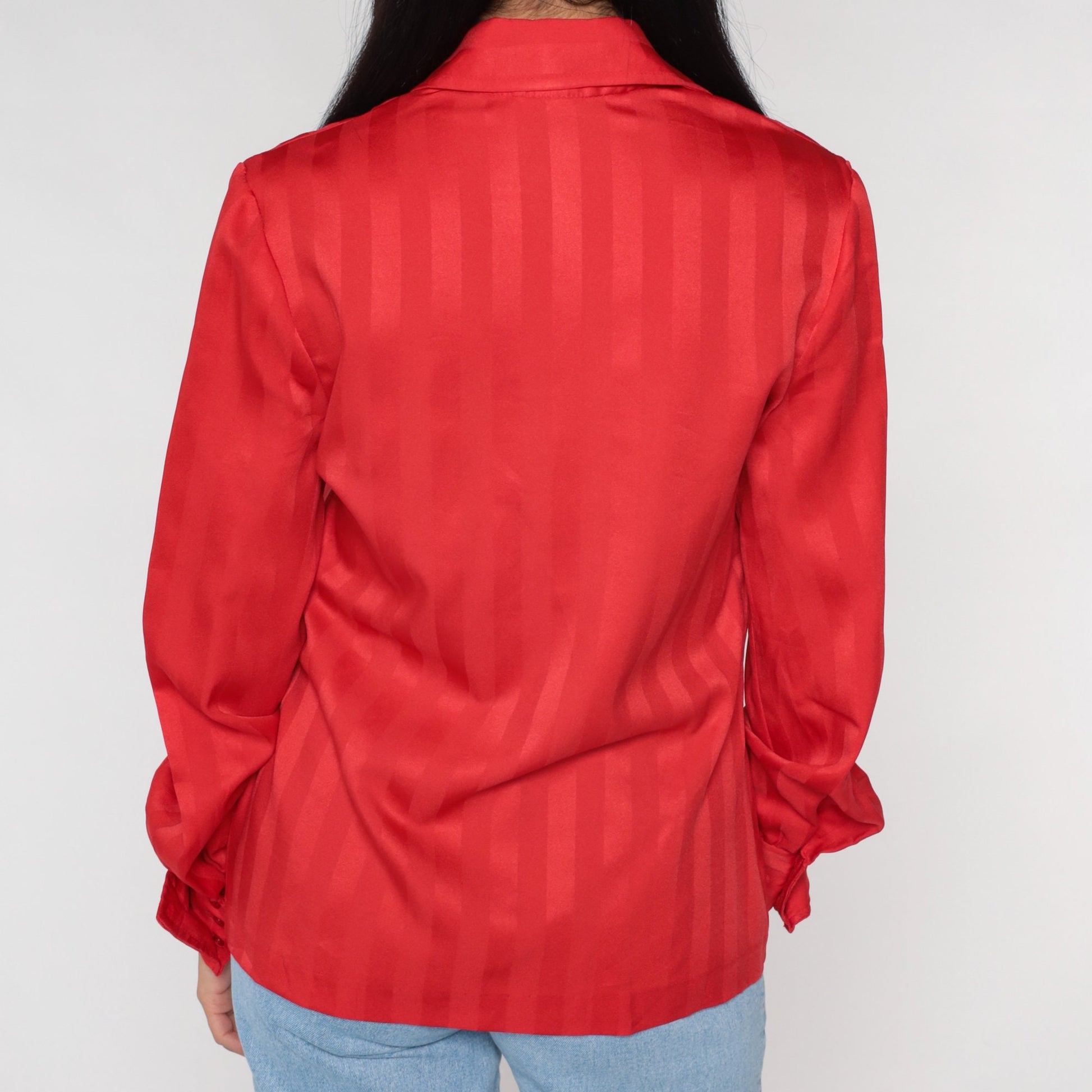 70s Red Striped Button-Up Blouse Dagger Collar Long Sleeve Medium