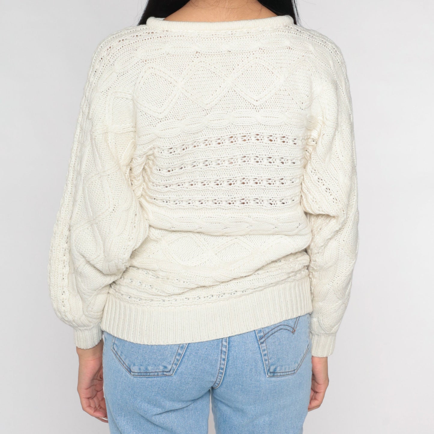 90s White Cable Knit Pointelle Pullover Sweater Small S