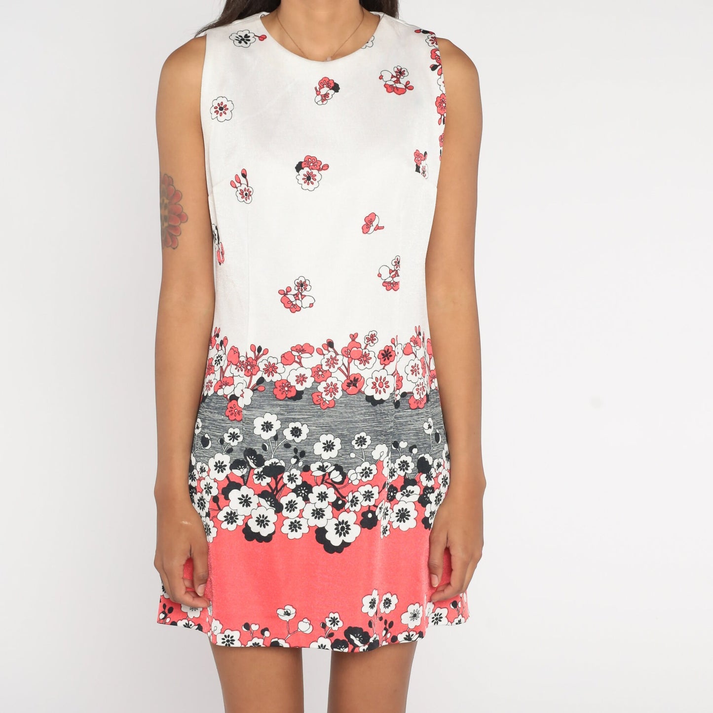 60s Floral Shift Dress Mini Sleeveless White Print Medium