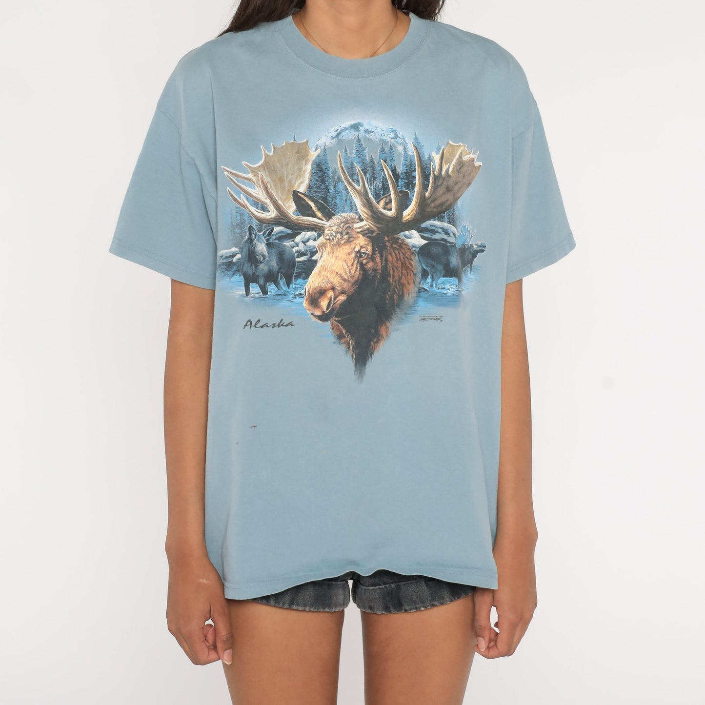 Y2K Alaska Moose Graphic T-Shirt Blue Wildlife Screen Print Large