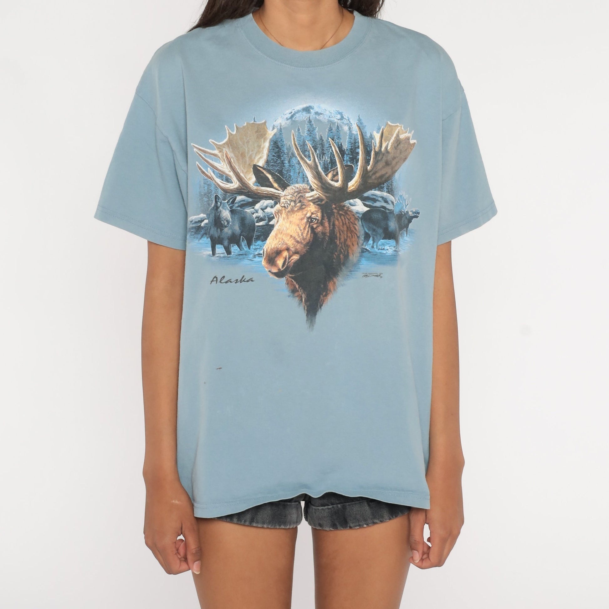 Y2K Alaska Moose Graphic T-Shirt Blue Wildlife Screen Print Large