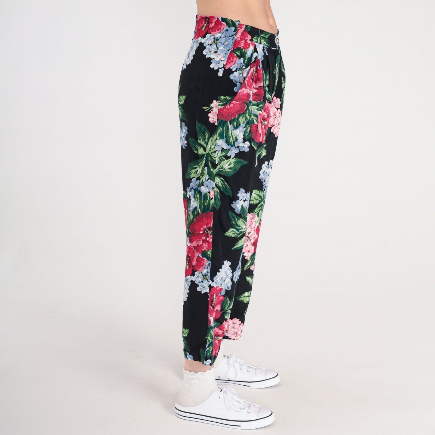 90s Floral Rayon Pants High Waist Pleated Tapered Black Print Small