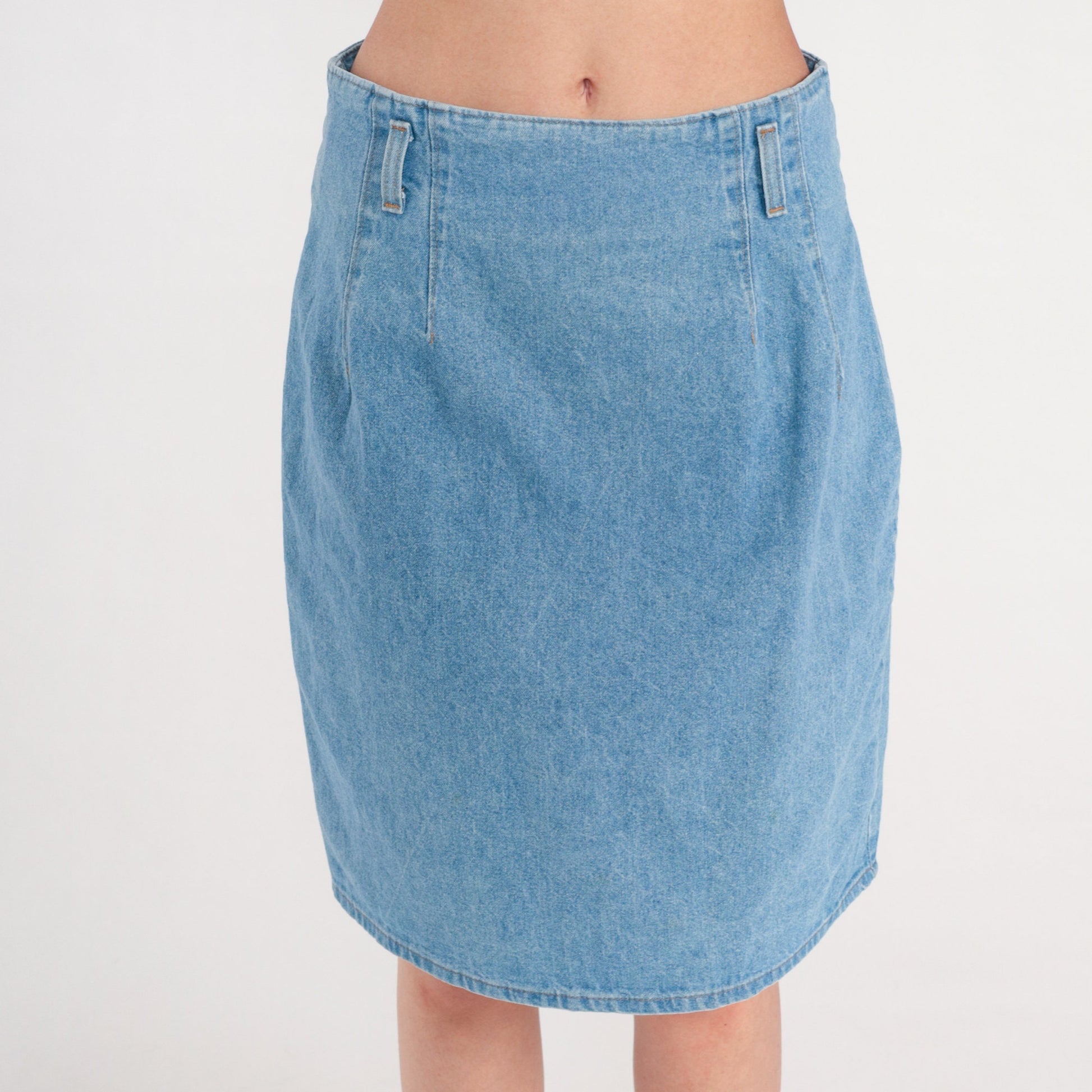 90s High Waisted Denim Pencil Skirt Blue Knee Length Cotton Medium