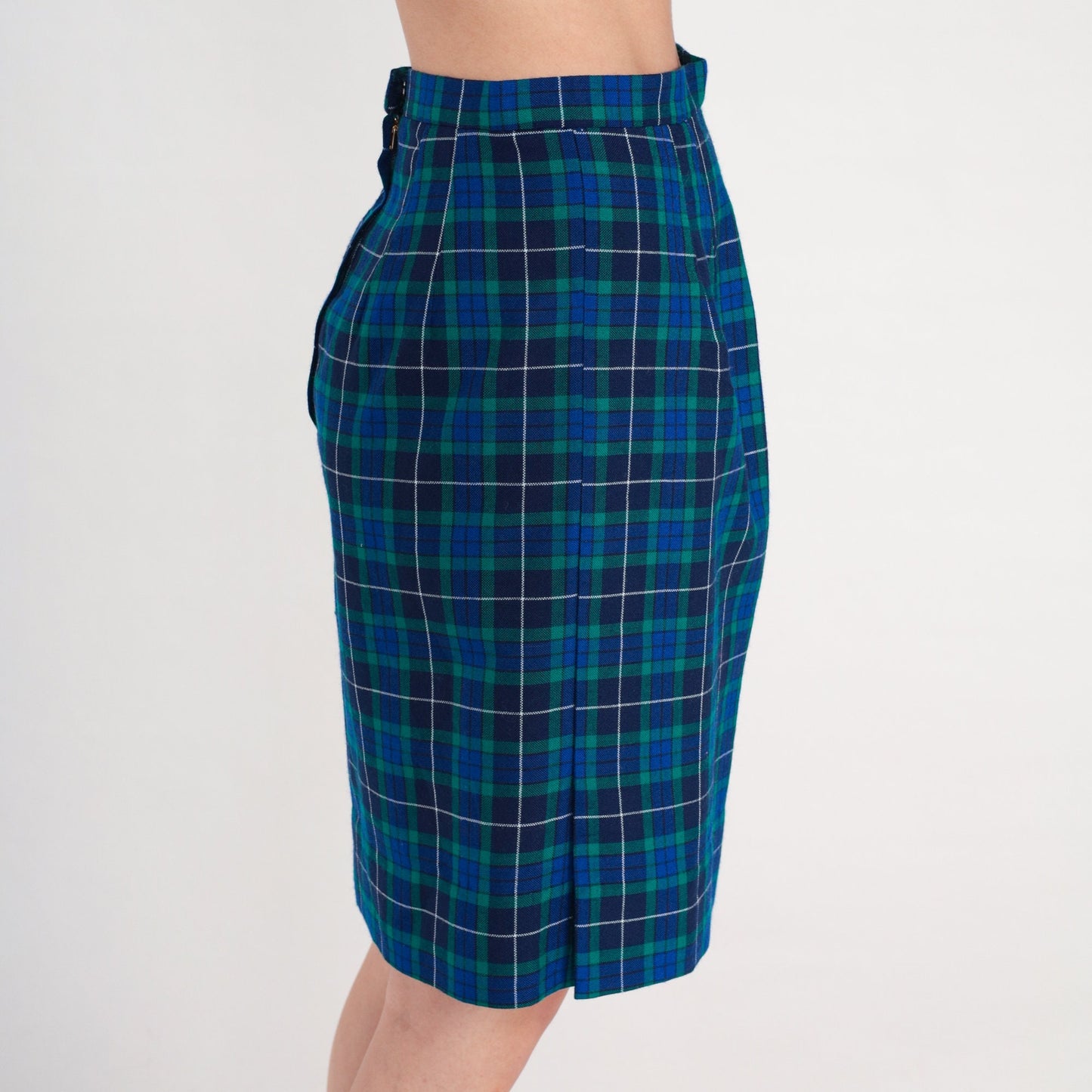 60s Navy Green Plaid Wool Skirt High Waisted Knee Length Small