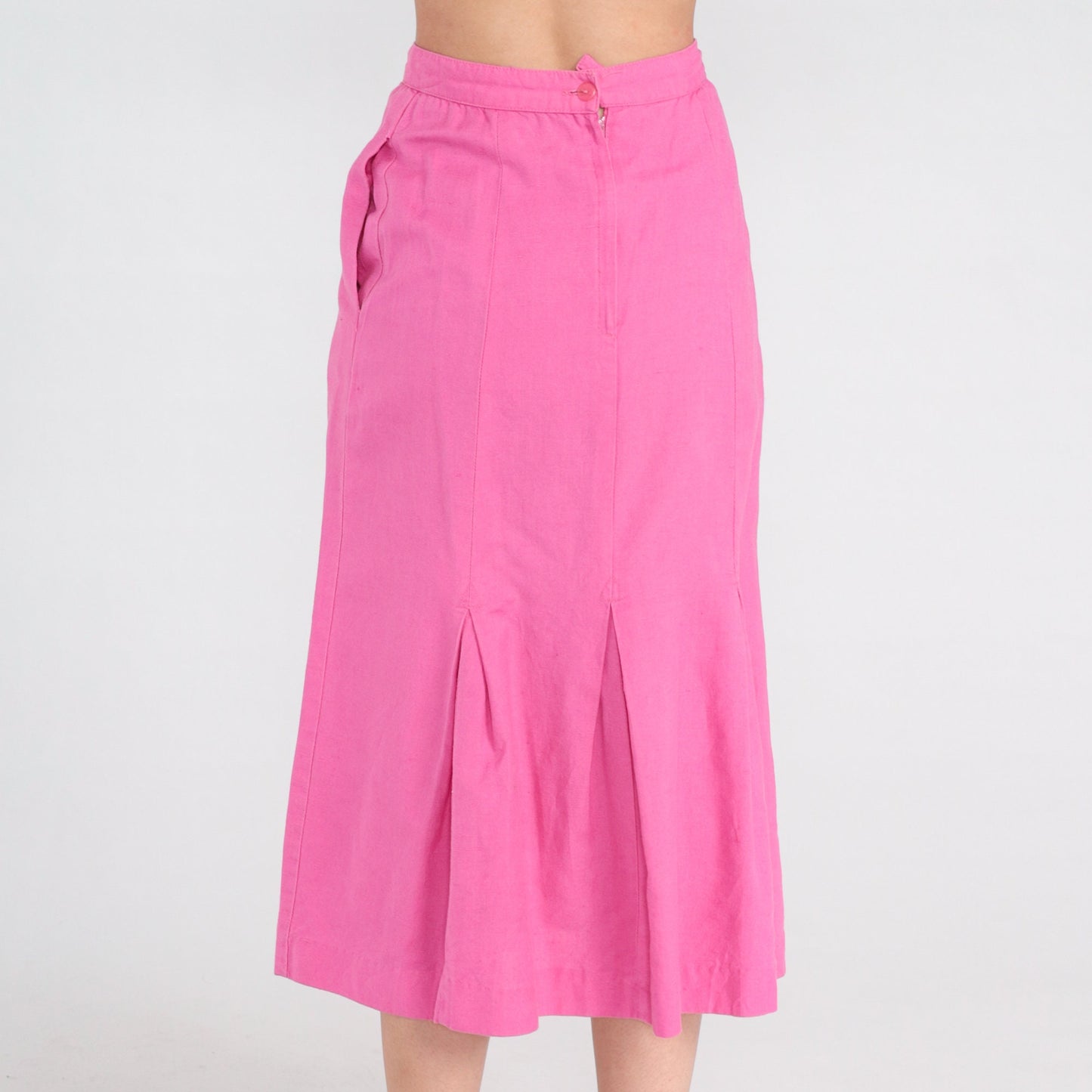 90s Bright Pink Pleated Midi Skirt High Waist Cotton Linen Extra Small