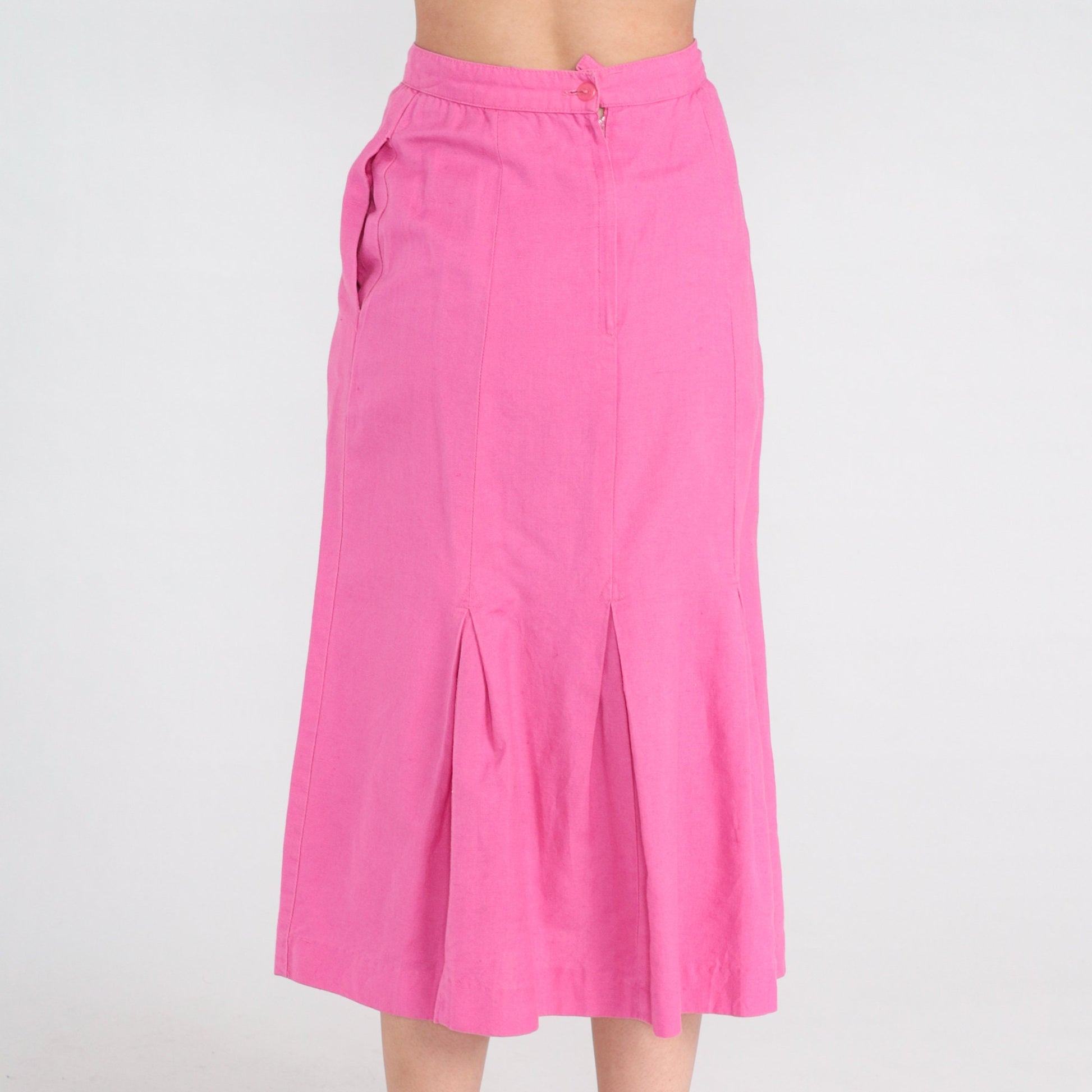 90s Bright Pink Pleated Midi Skirt High Waist Cotton Linen Extra Small