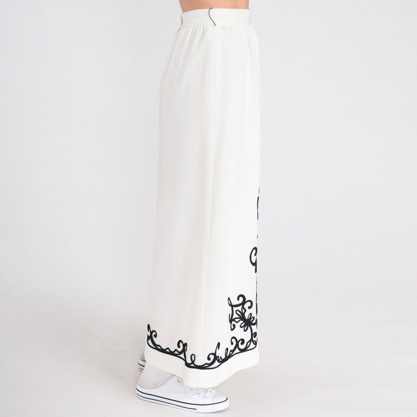 70s White Maxi Skirt Black Soutache Trim High Waist Column Extra Small