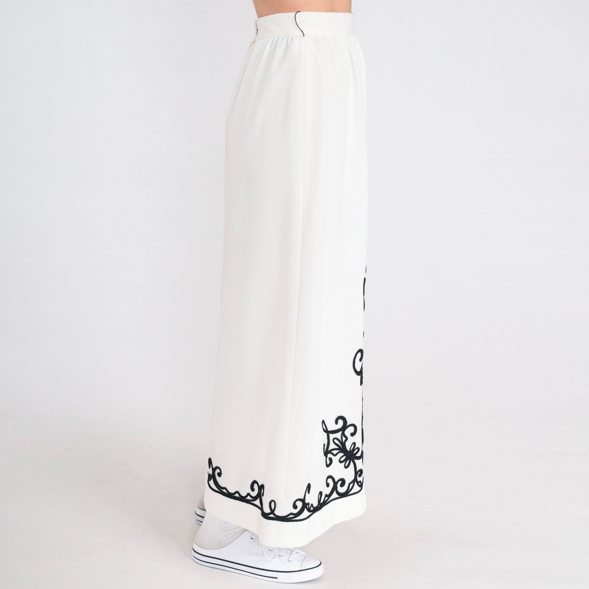 70s White Maxi Skirt Black Soutache Trim High Waist Column Extra Small