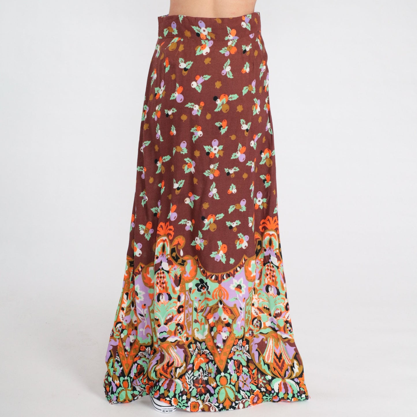 70s Young Edwardian Floral Maxi Skirt High Waist Brown Small
