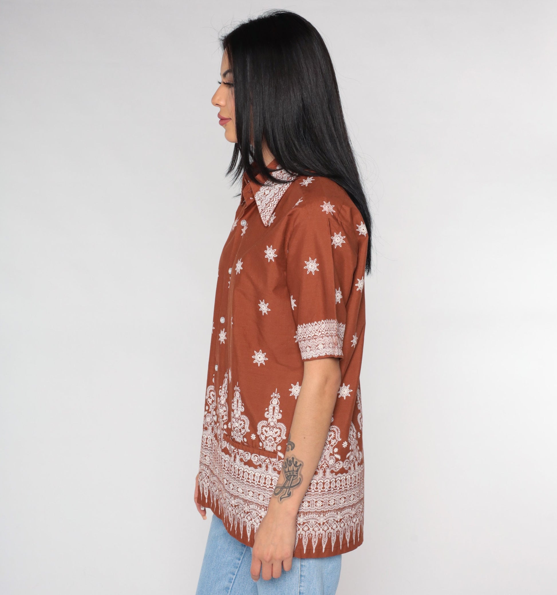 90s Batik Floral Button Up Shirt Brown White Geometric Print Medium