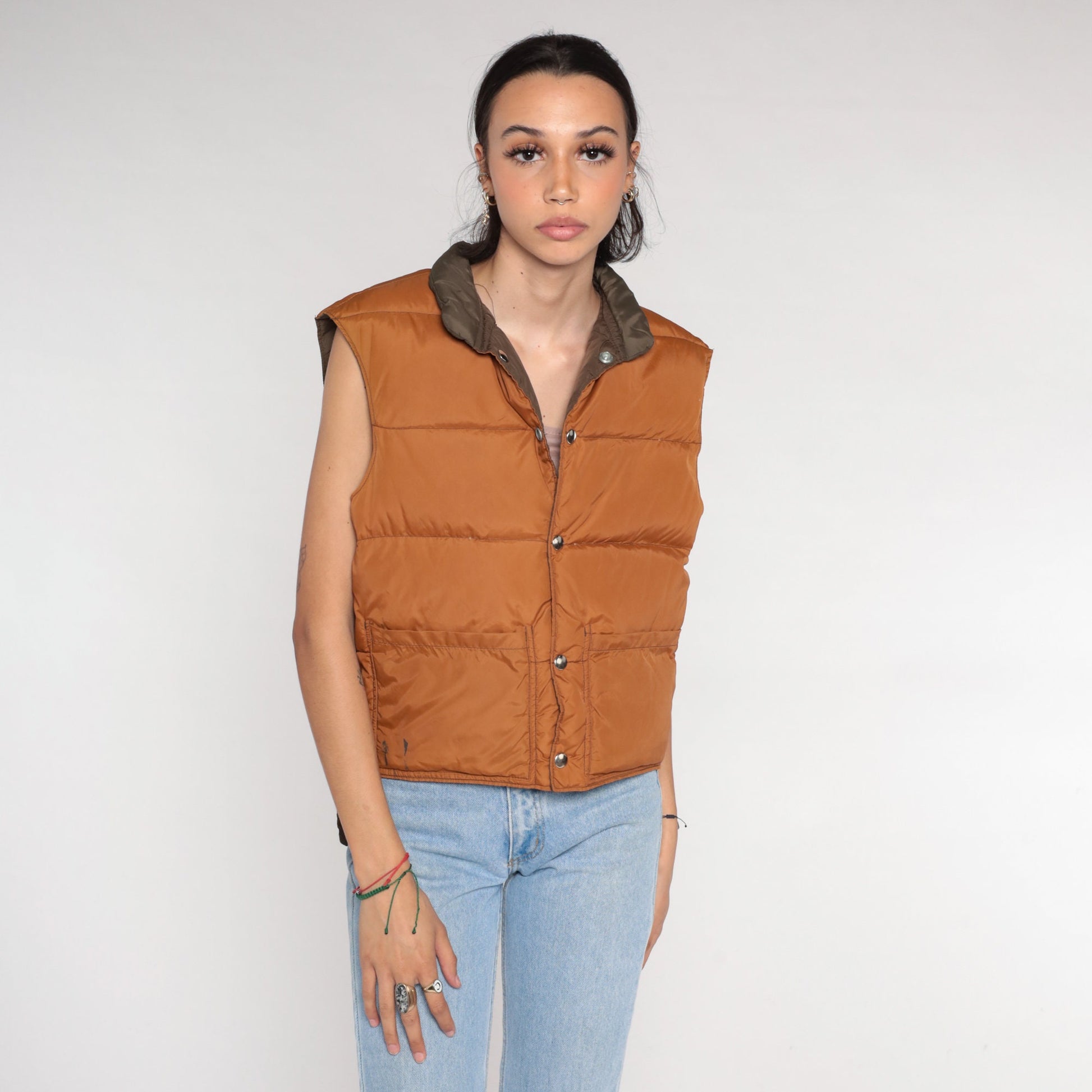 80s Reversible Puffer Vest Brown Down Fill Nylon Sleeveless Small