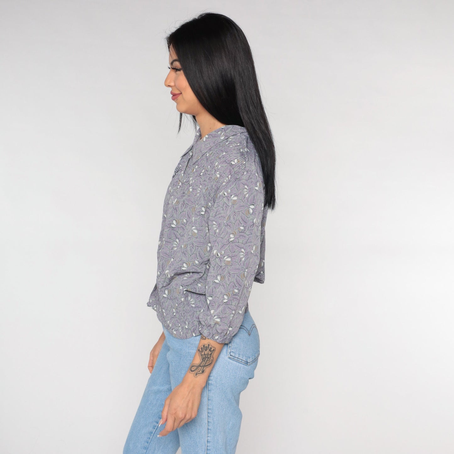 90s Leaf Floral Button-Up Blouse Purple Grey 3/4 Sleeve Pleated Shirt Large L