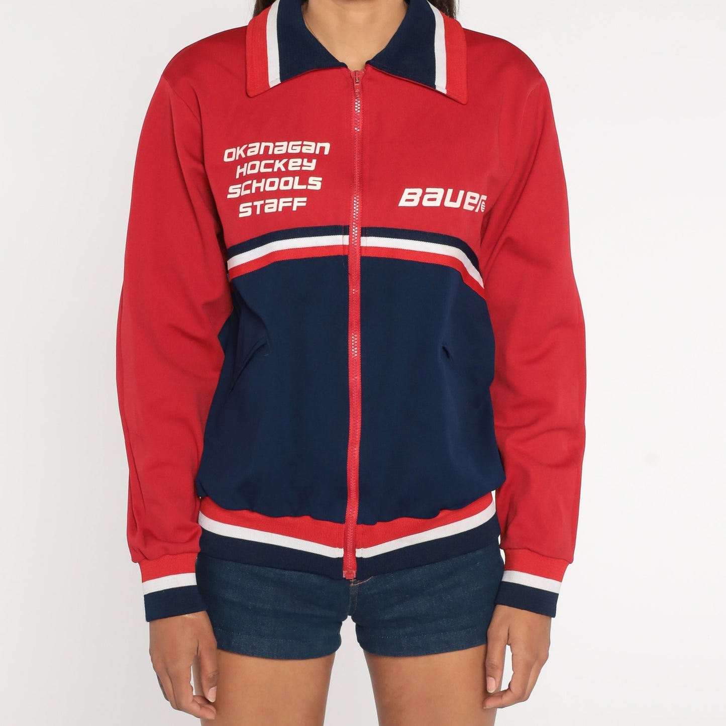 80s Okanagan Hockey Schools Track Jacket Red Navy Zip Up Large L